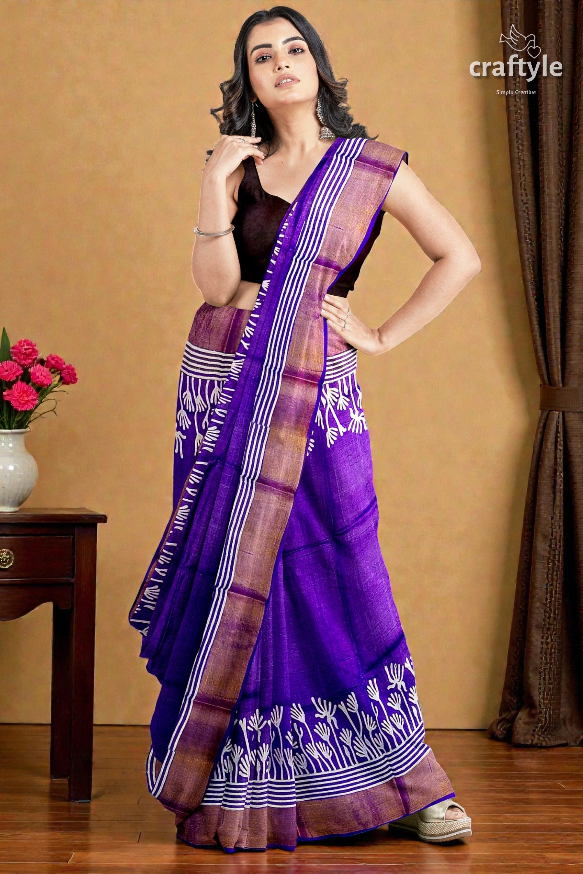 Deep Violet Floral Motif Pure Tussar Saree with Hand Block Print Zari Border