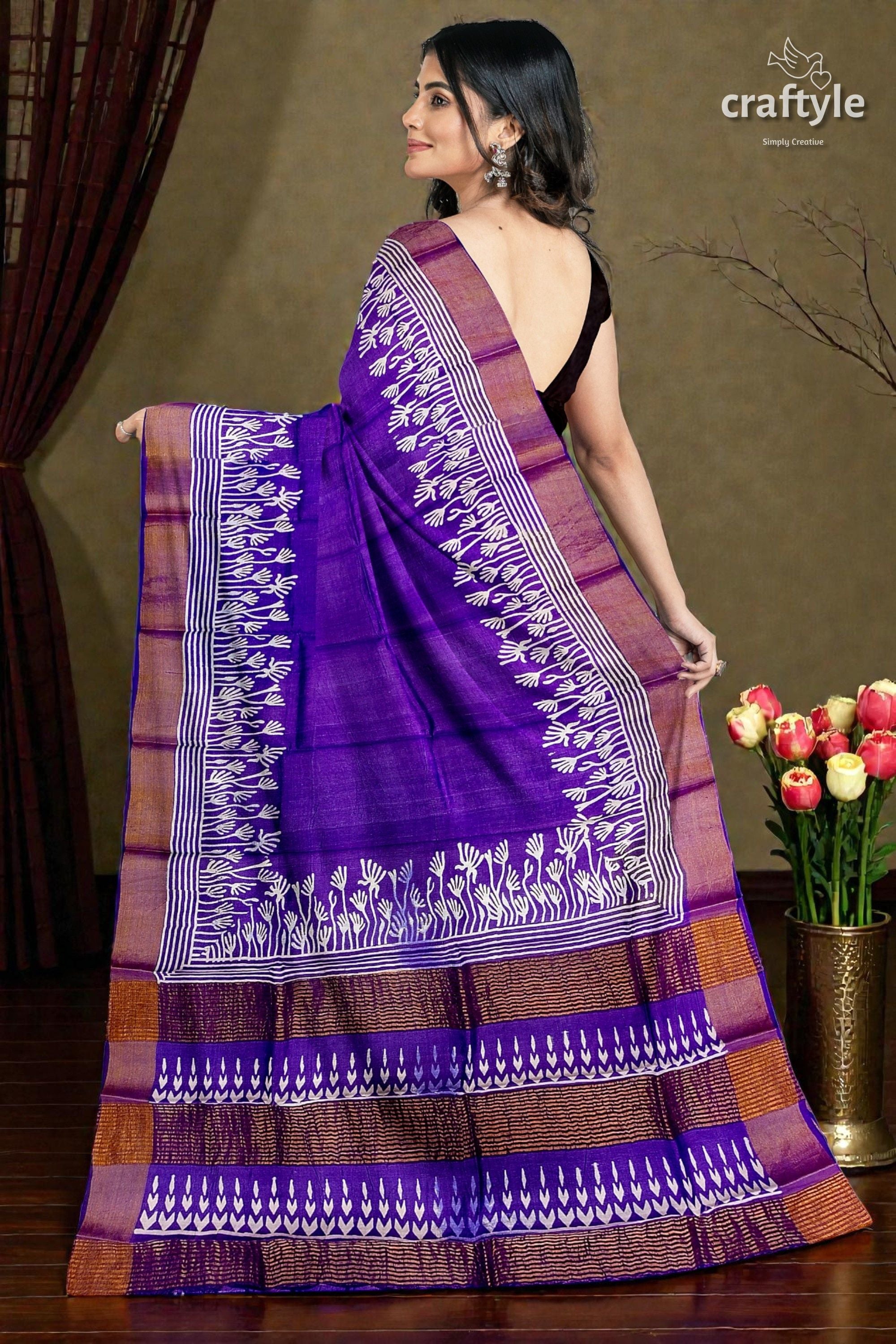 Deep Violet Floral Motif Pure Tussar Saree with Hand Block Print Zari Border