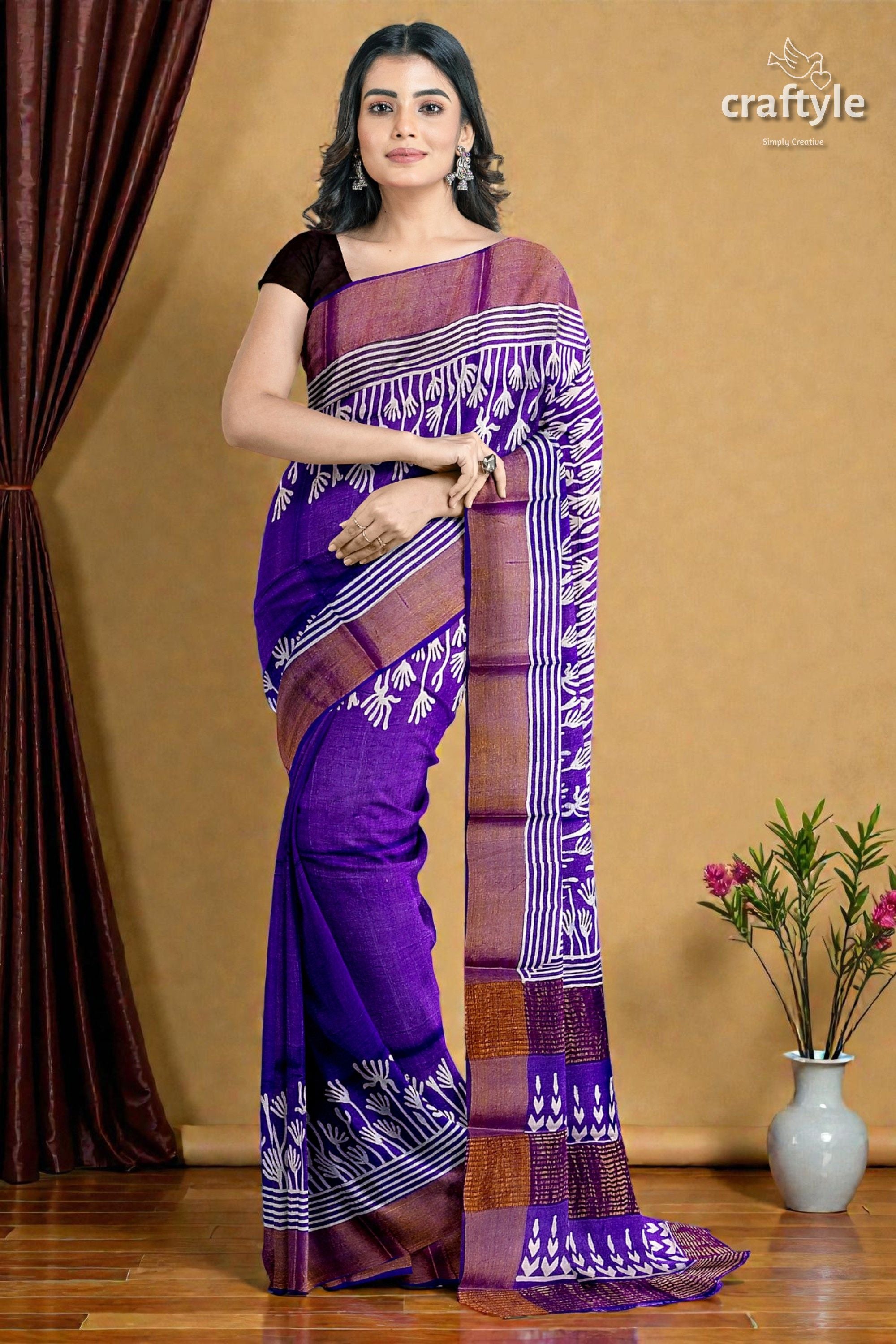 Deep Violet Floral Motif Pure Tussar Saree with Hand Block Print Zari Border