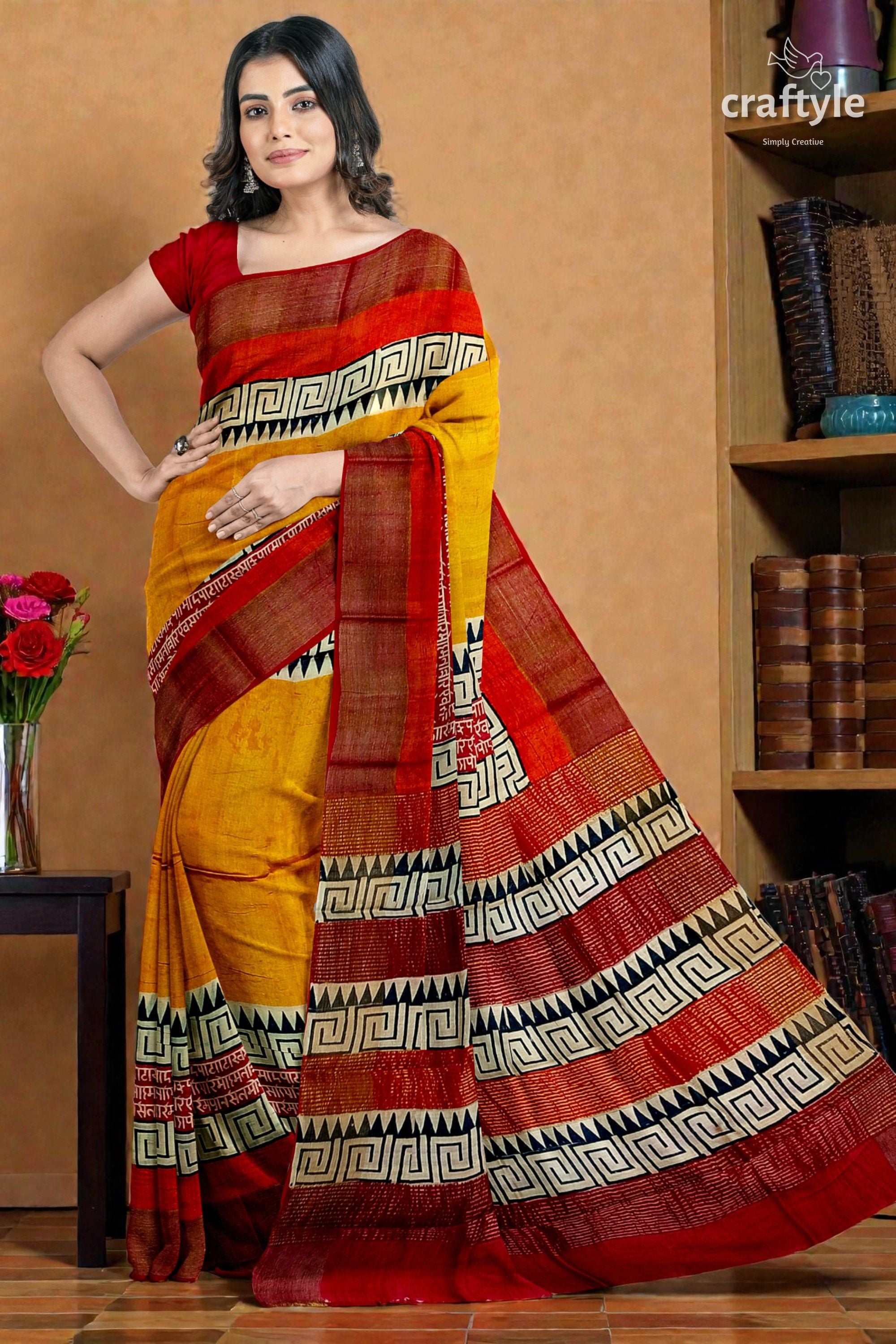 Saffron Yellow Pure Tussar Silk Saree with Hand Block Print and Zari Border