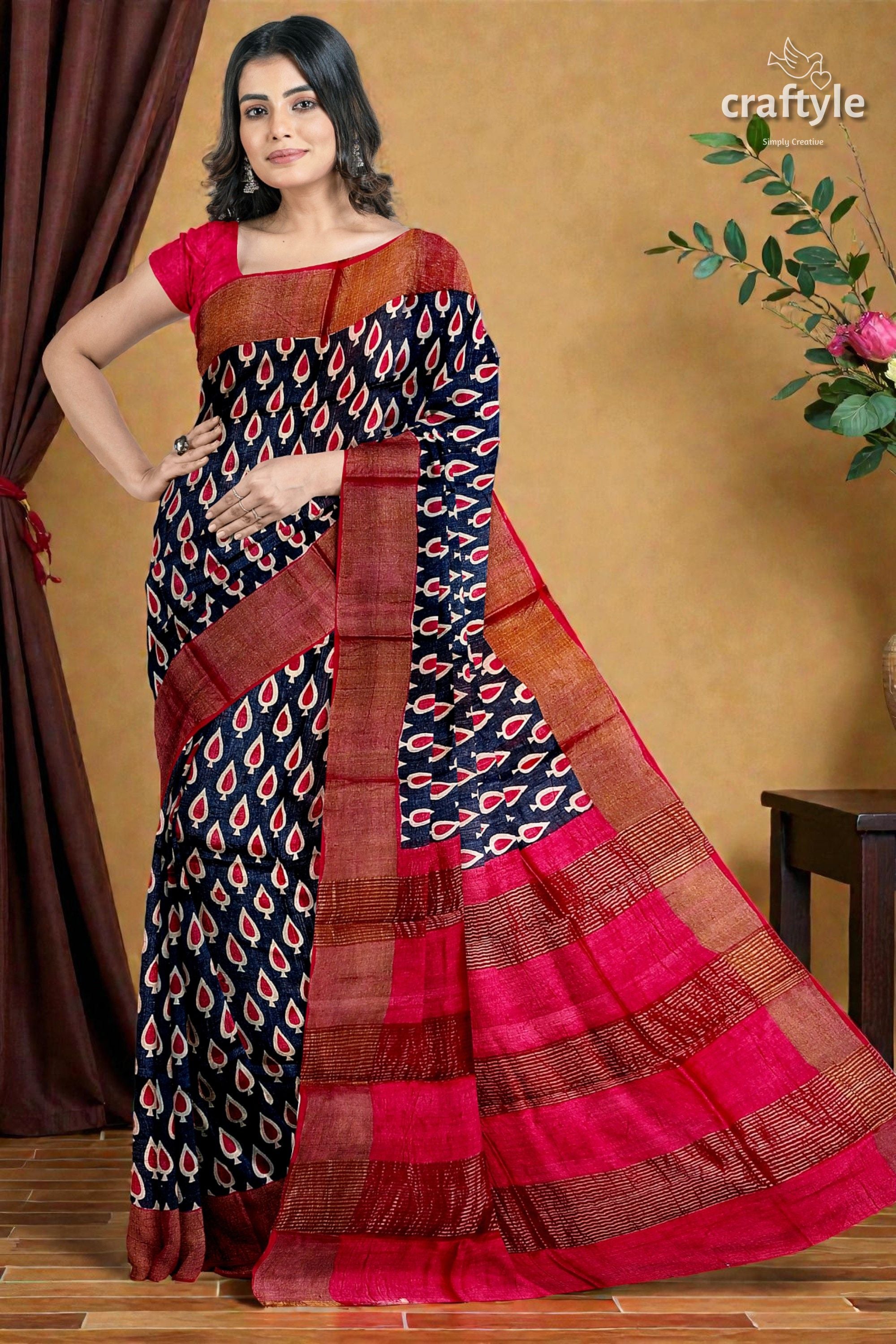 Black and Red Hand Block Printed Pure Tussar Silk Saree with Zari Border