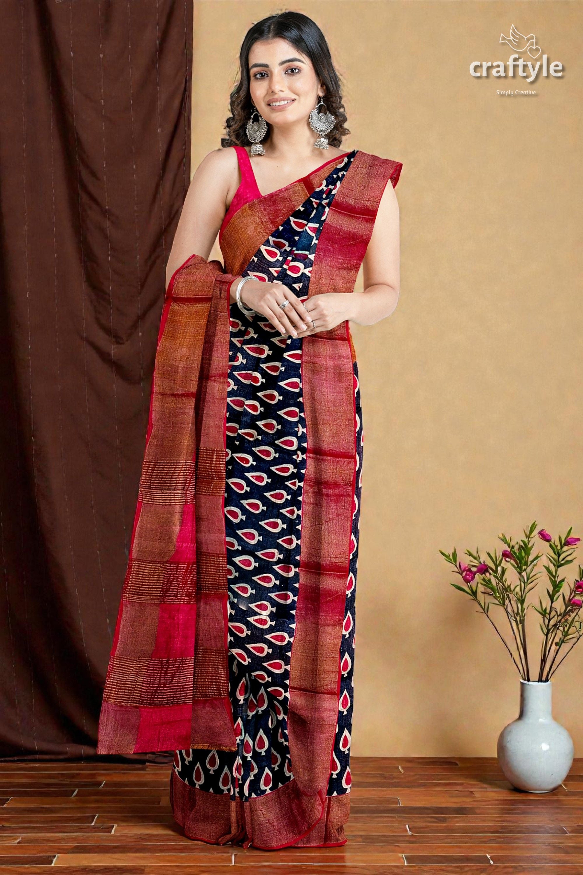 Black and Red Hand Block Printed Pure Tussar Silk Saree with Zari Border