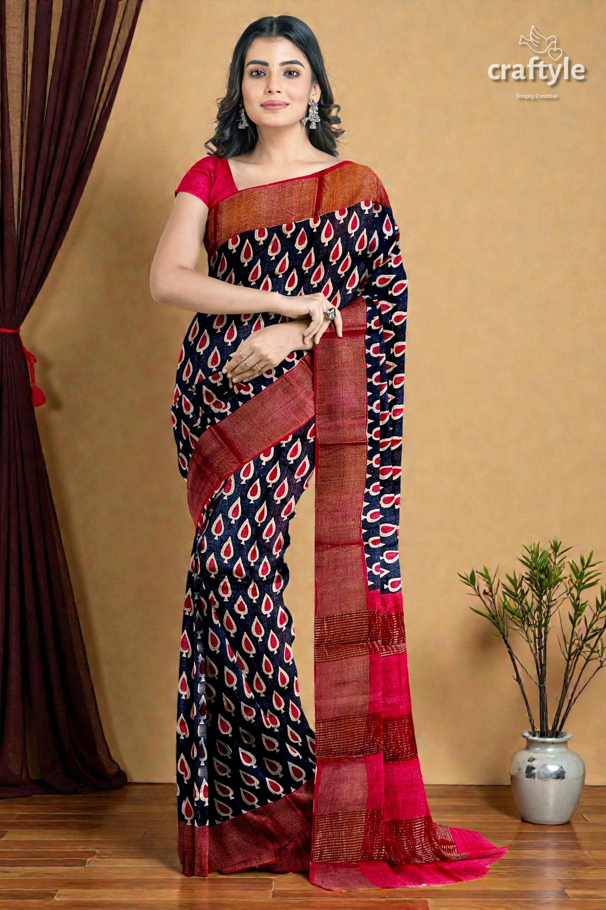 Black and Red Hand Block Printed Pure Tussar Silk Saree with Zari Border