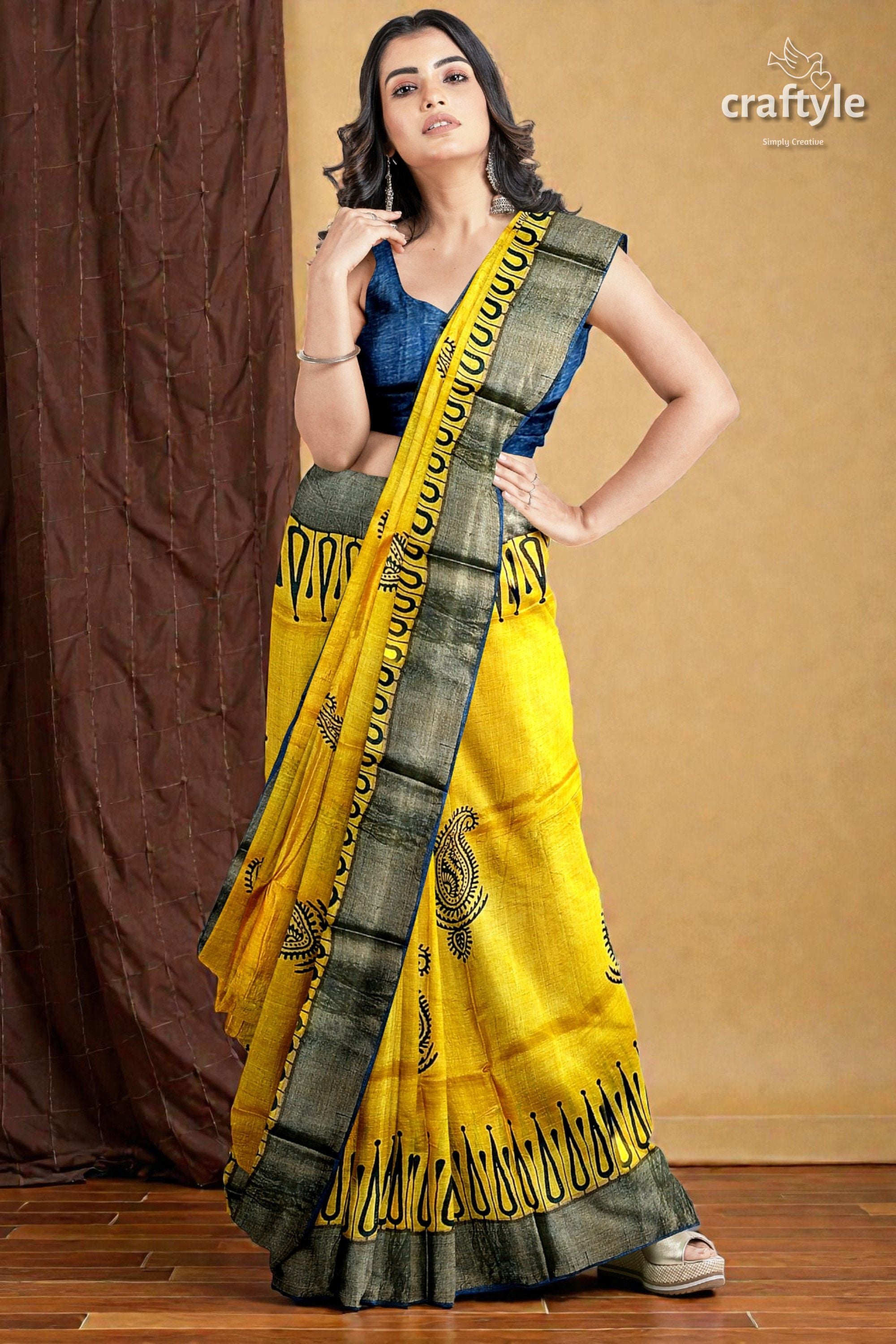 Energy Yellow Hand Block Print Zari Border Pure Tussar Saree