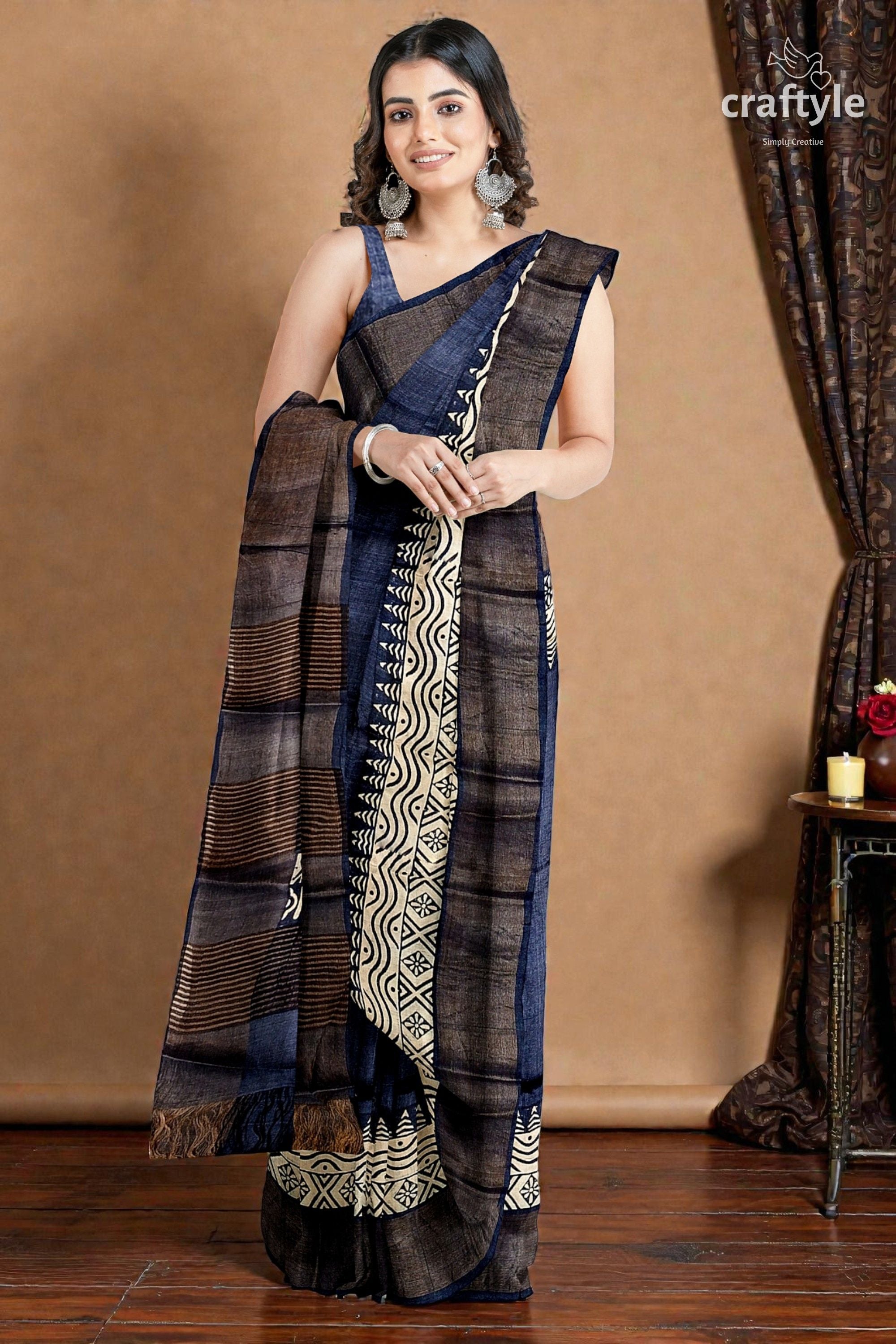 Black Rock Hand Block Print Zari Border Pure Tussar Saree
