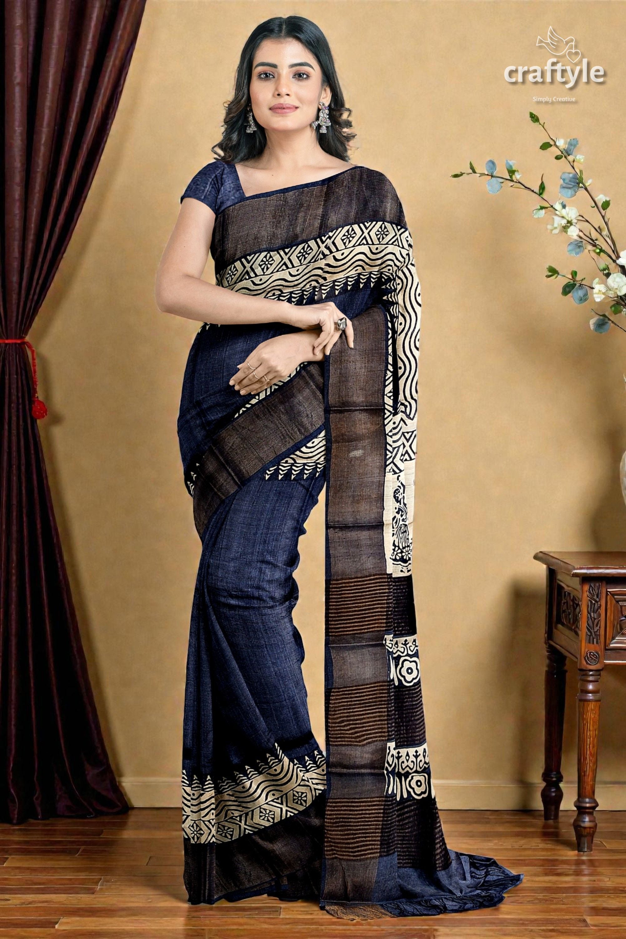 Black Rock Hand Block Print Zari Border Pure Tussar Saree