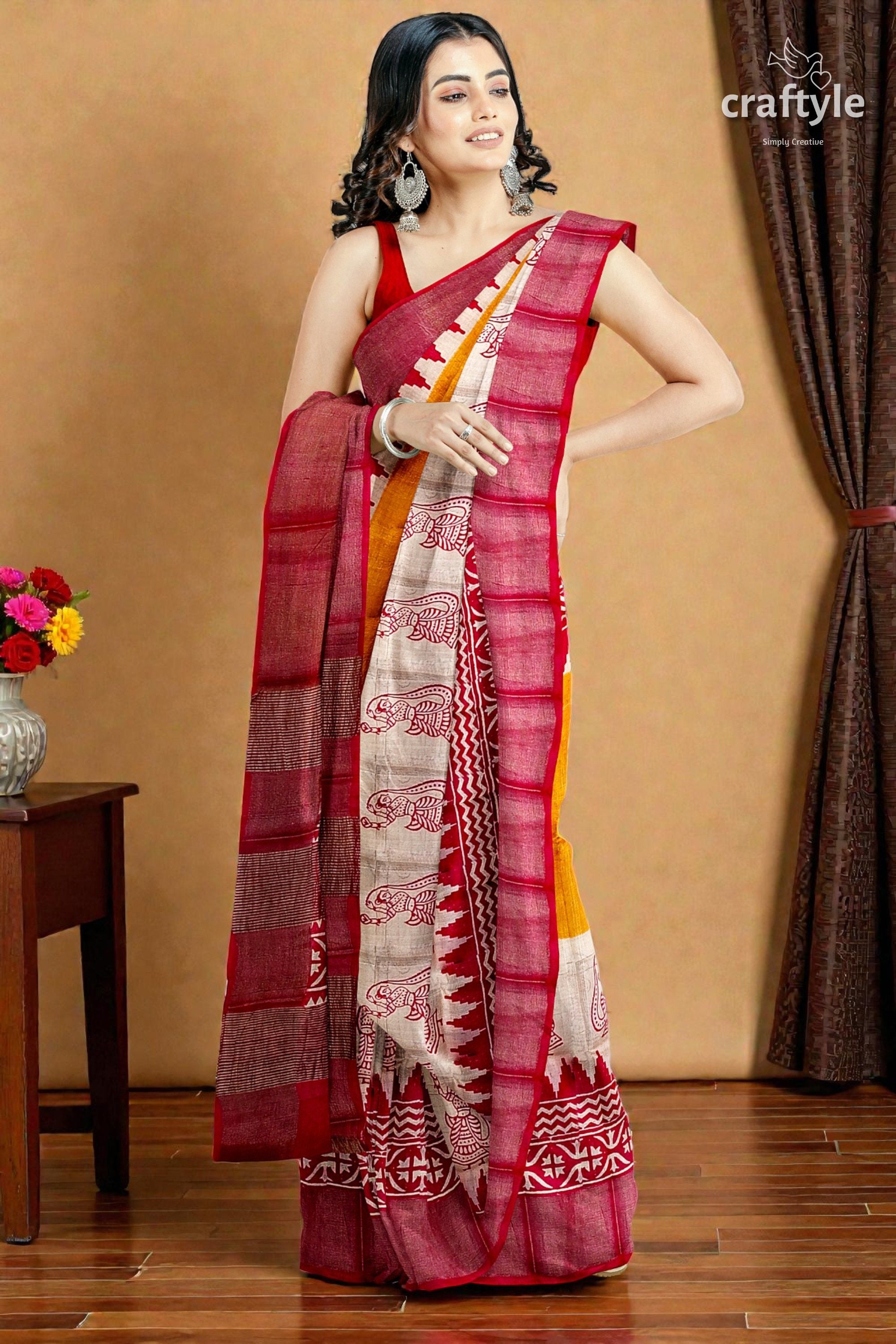 Orange Yellow Hand Block Print Zari Border Pure Tussar Saree