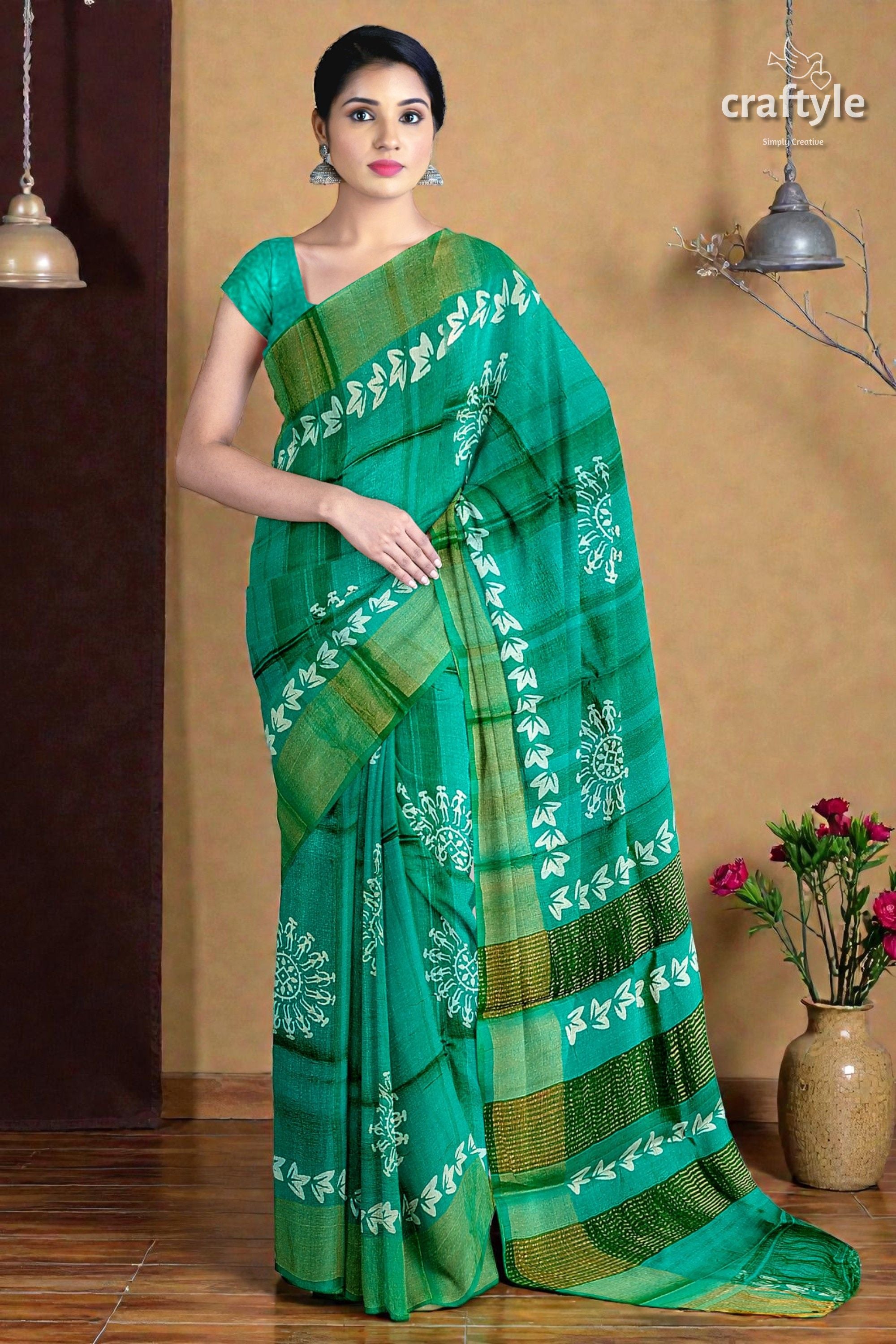 Turquoise Green Hand Block Print Pure Tussar Silk Saree with Zari Border