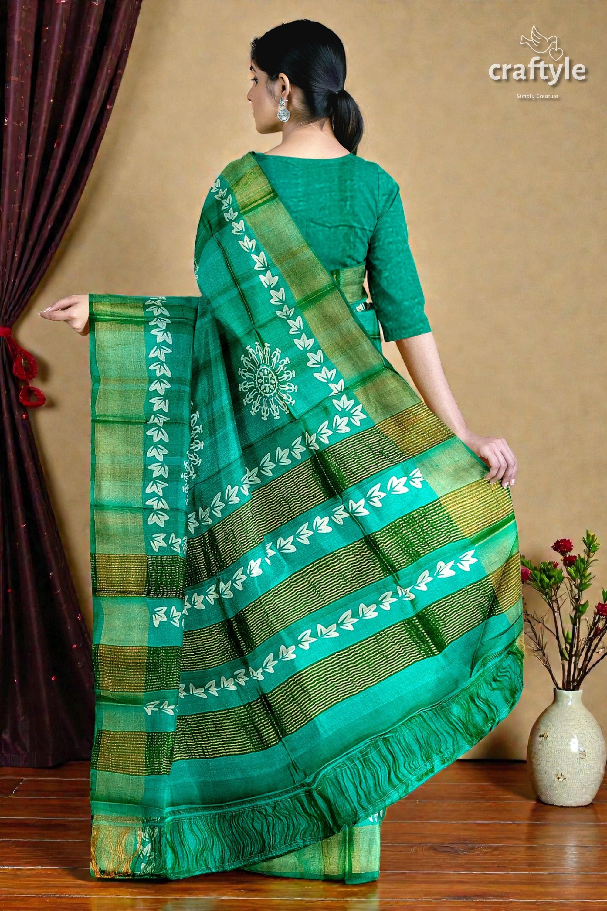 Turquoise Green Hand Block Print Pure Tussar Silk Saree with Zari Border