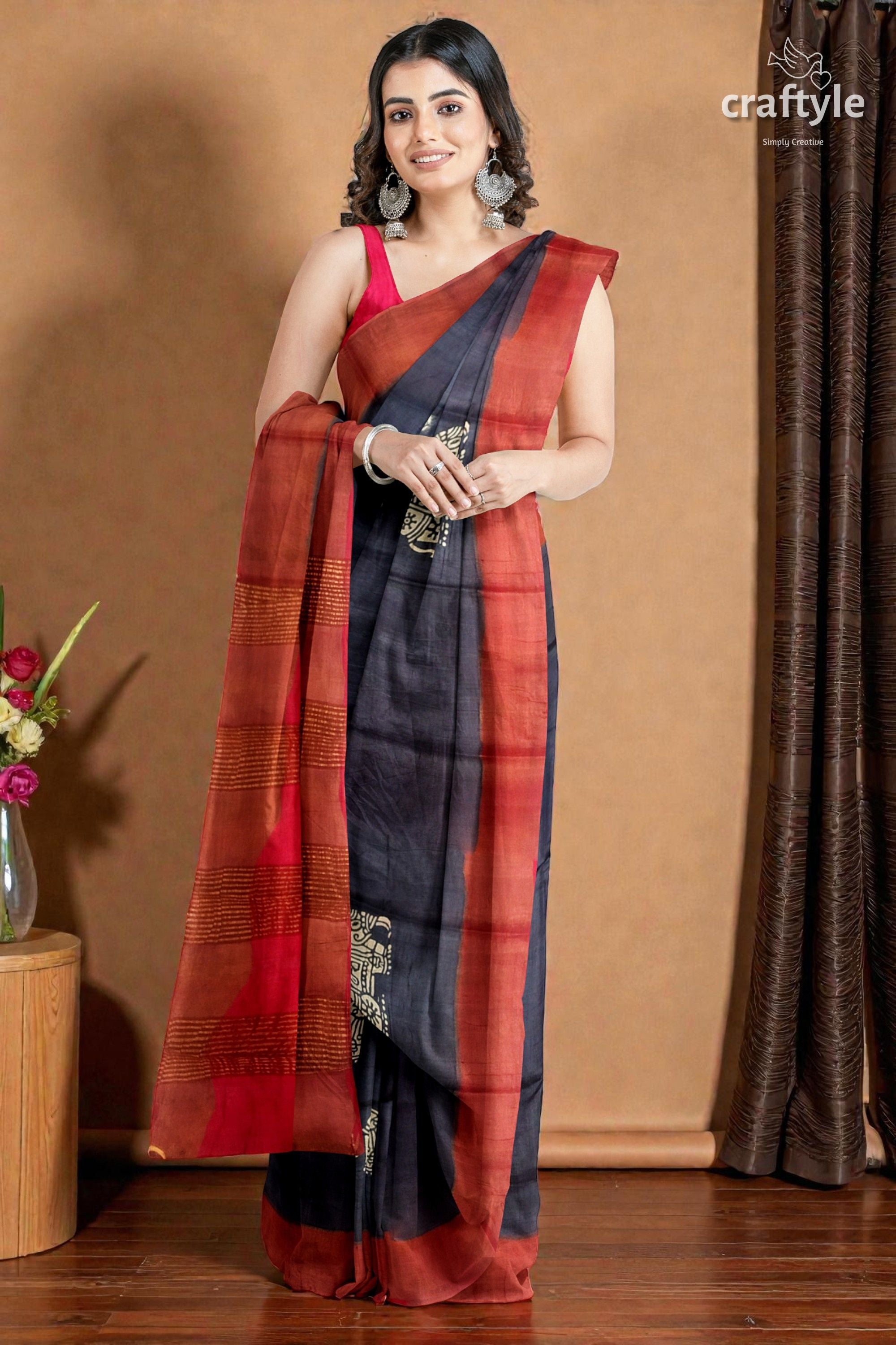 Black Elephant Design Pure Tussar Saree with Zari Border - Hand Block Print