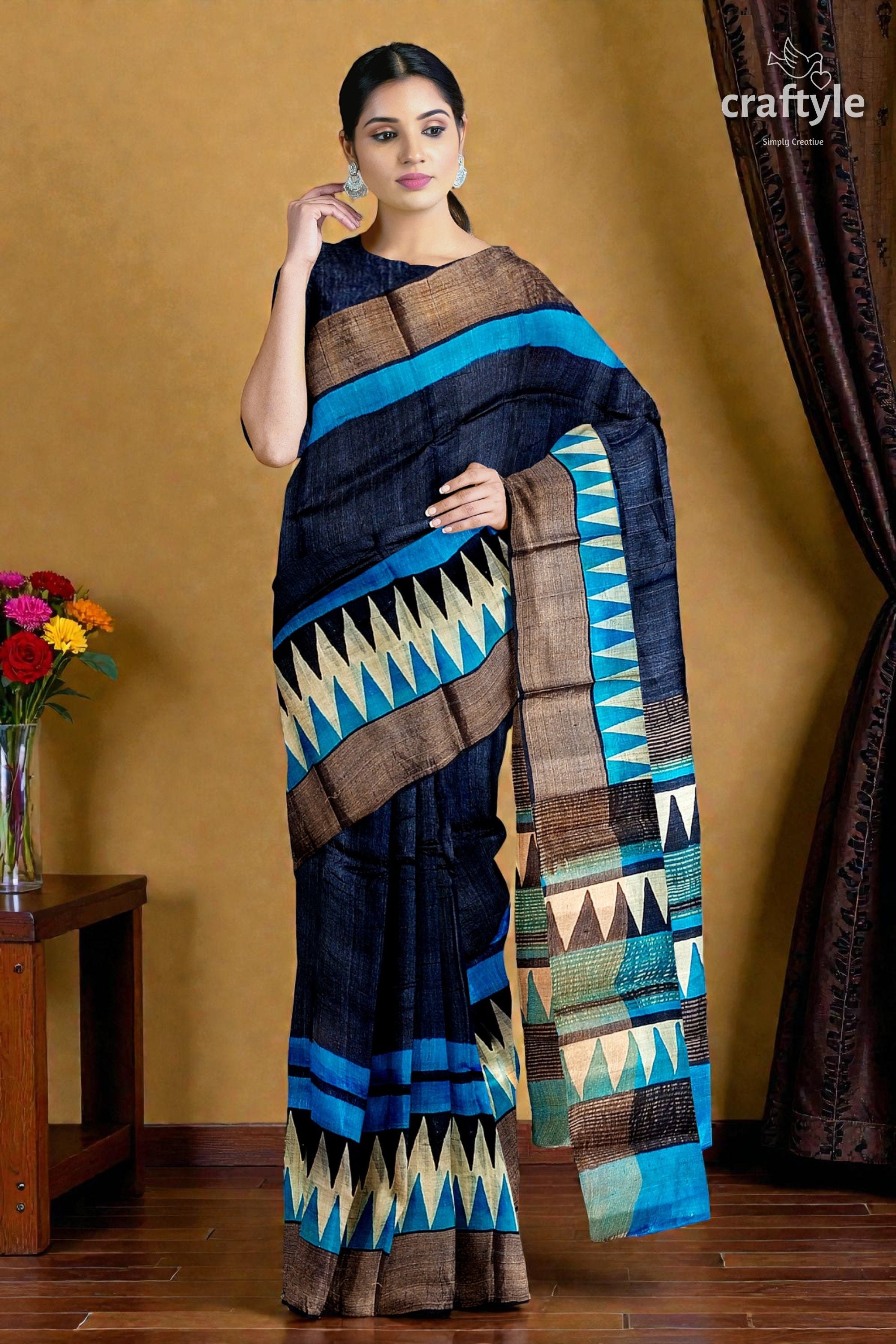 Gulf Blue Hand Block Print Zari Border Pure Tussar Saree