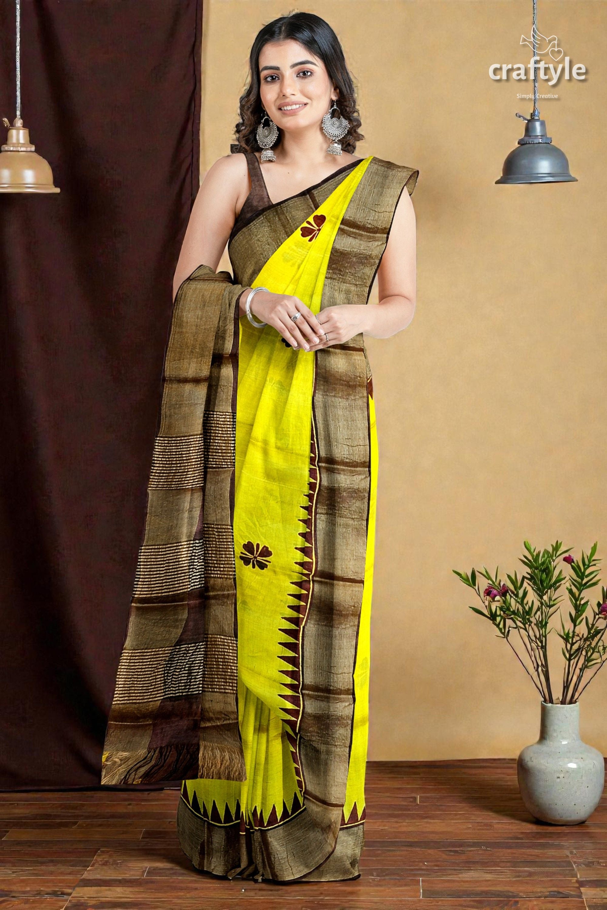 Yellow Coffee Brown Pure Tussar Saree with Hand Block Print Zari Border