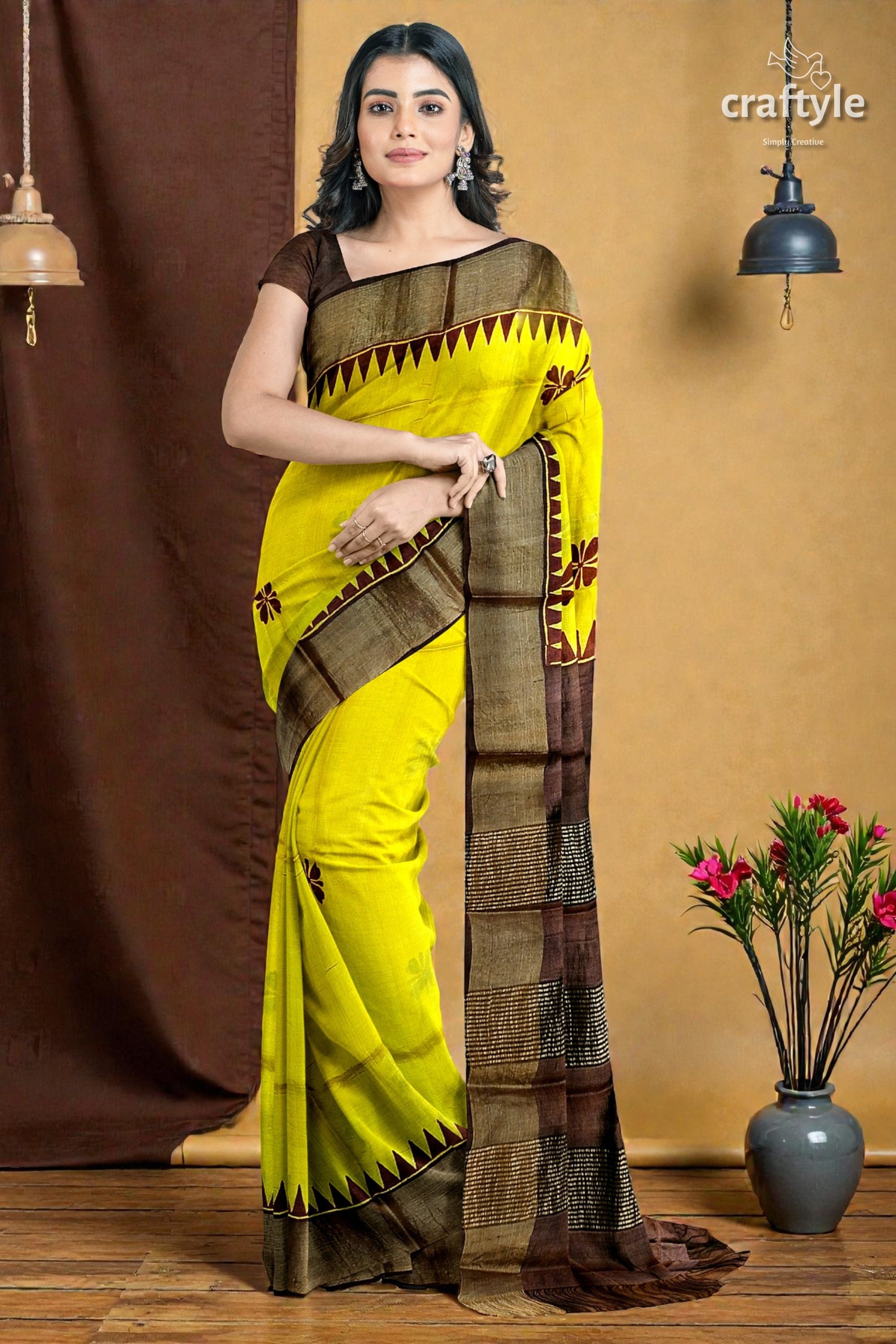 Yellow Coffee Brown Pure Tussar Saree with Hand Block Print Zari Border