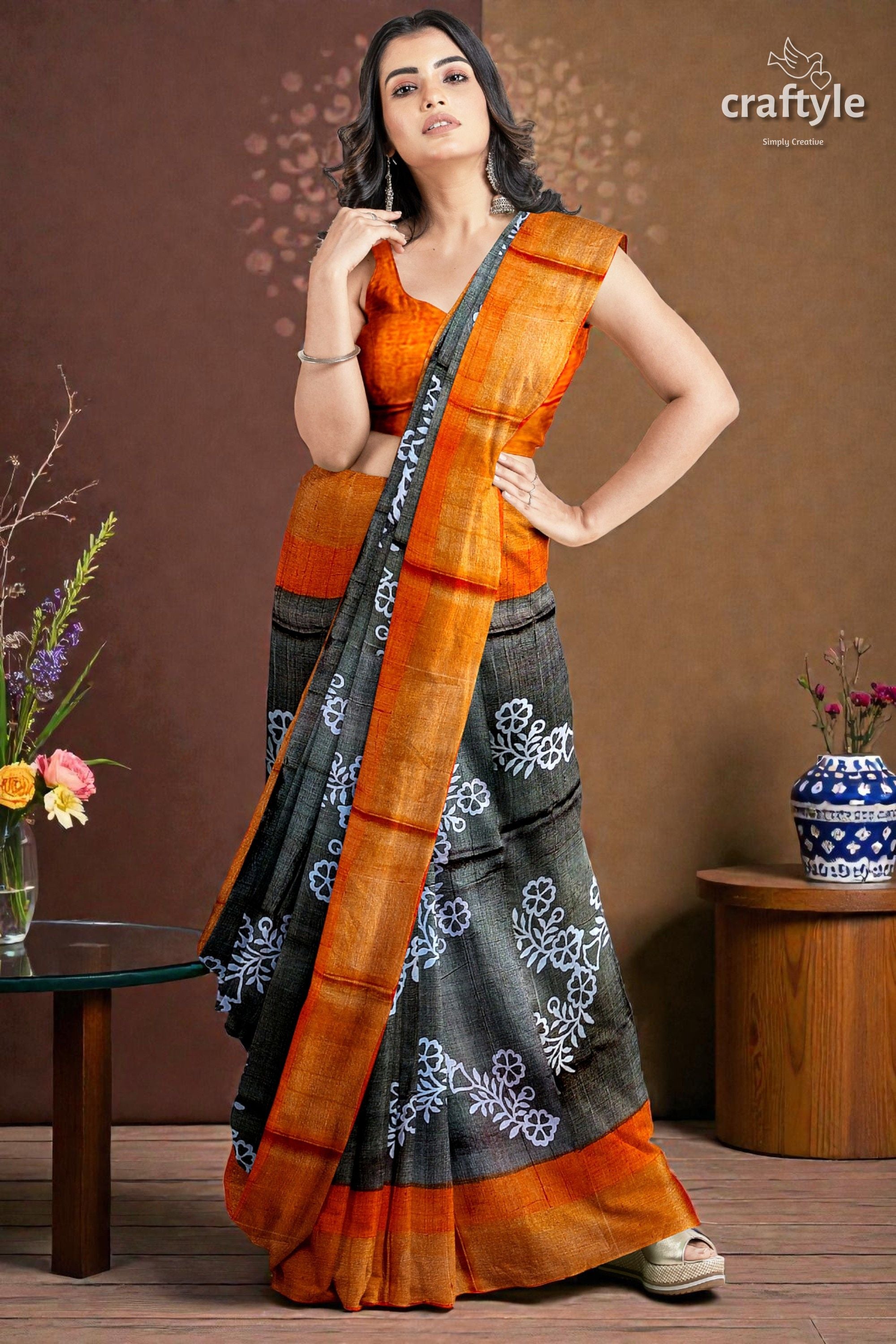 Pure Tussar Saree - Hand Block Print in Black Cocoa Brown with Zari Border