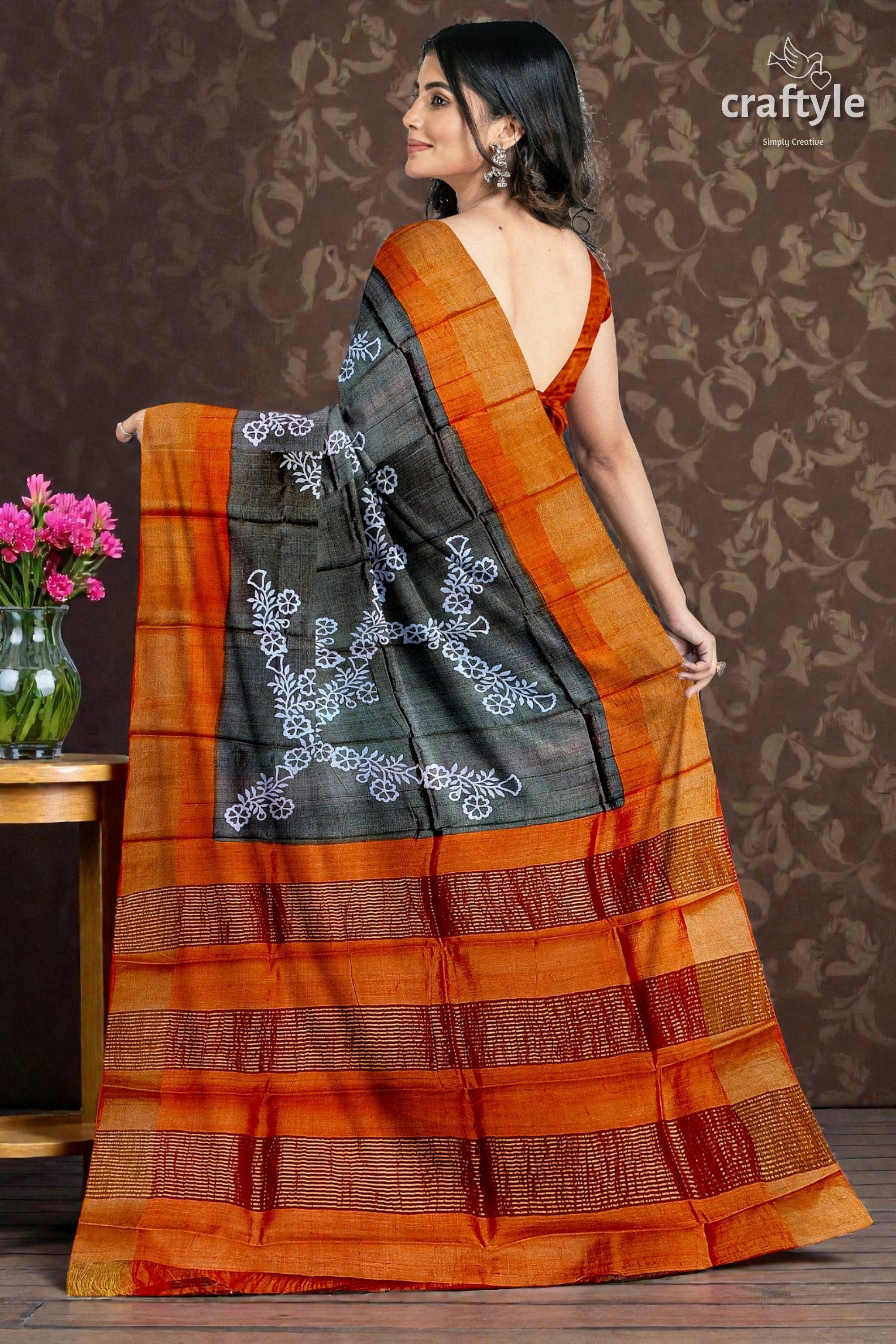 Pure Tussar Saree - Hand Block Print in Black Cocoa Brown with Zari Border