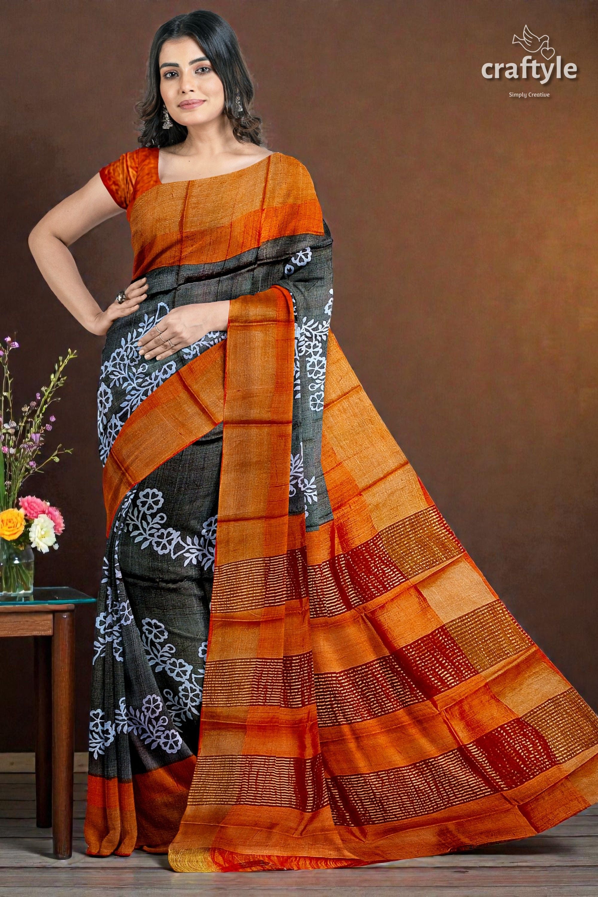 Pure Tussar Saree - Hand Block Print in Black Cocoa Brown with Zari Border