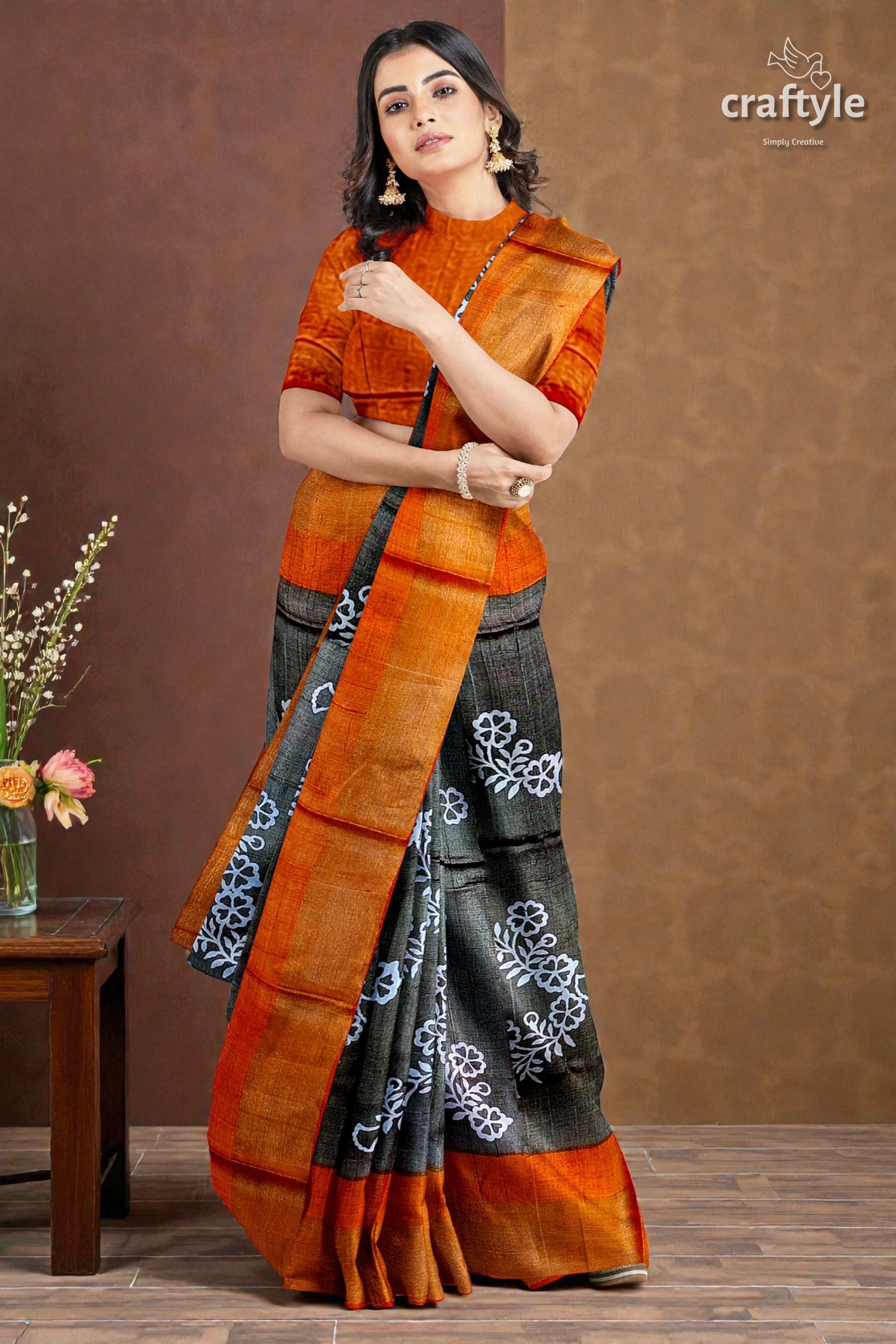 Pure Tussar Saree - Hand Block Print in Black Cocoa Brown with Zari Border