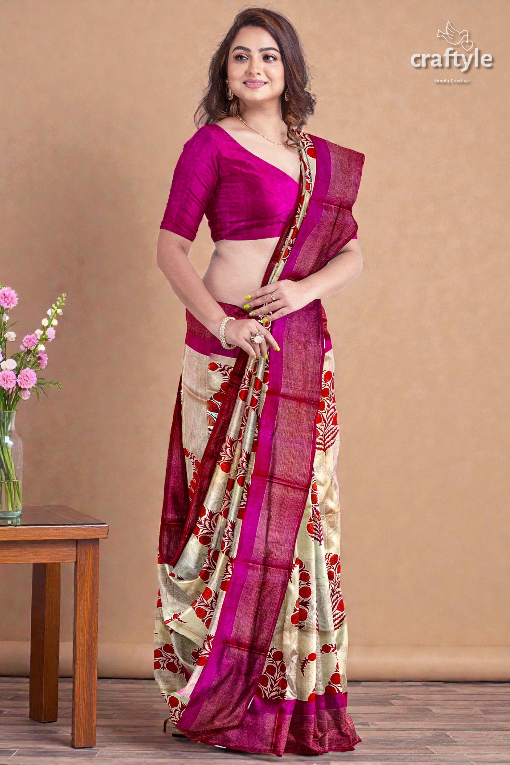 Soft Peach Magenta Hand Block Print Saree with Zari Border - Pure Tussar Silk