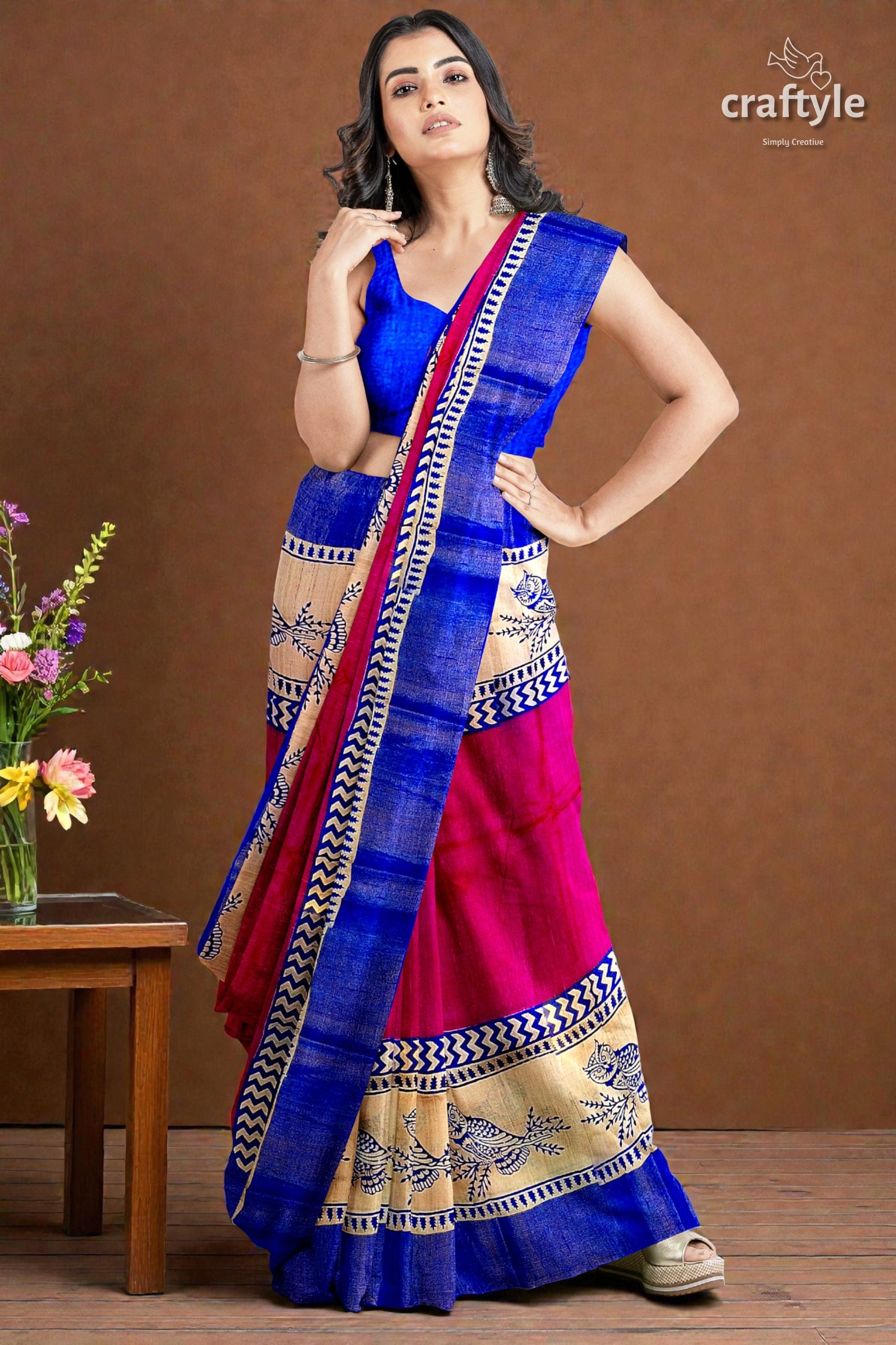 Rose Red Blue Hand Block Print Zari Pure Tussar Saree - Indian Ethnic Wear