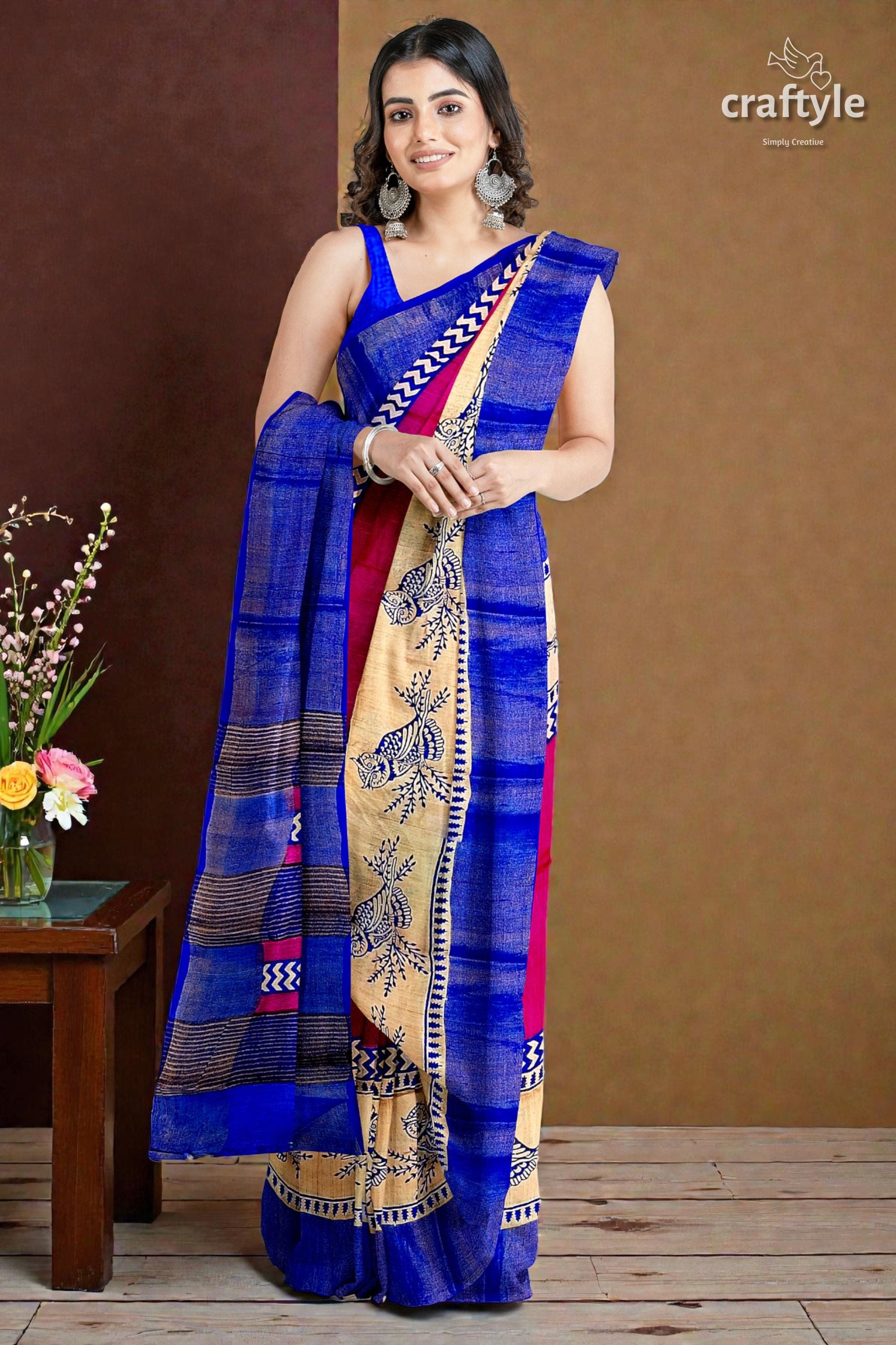 Rose Red Blue Hand Block Print Zari Pure Tussar Saree - Indian Ethnic Wear