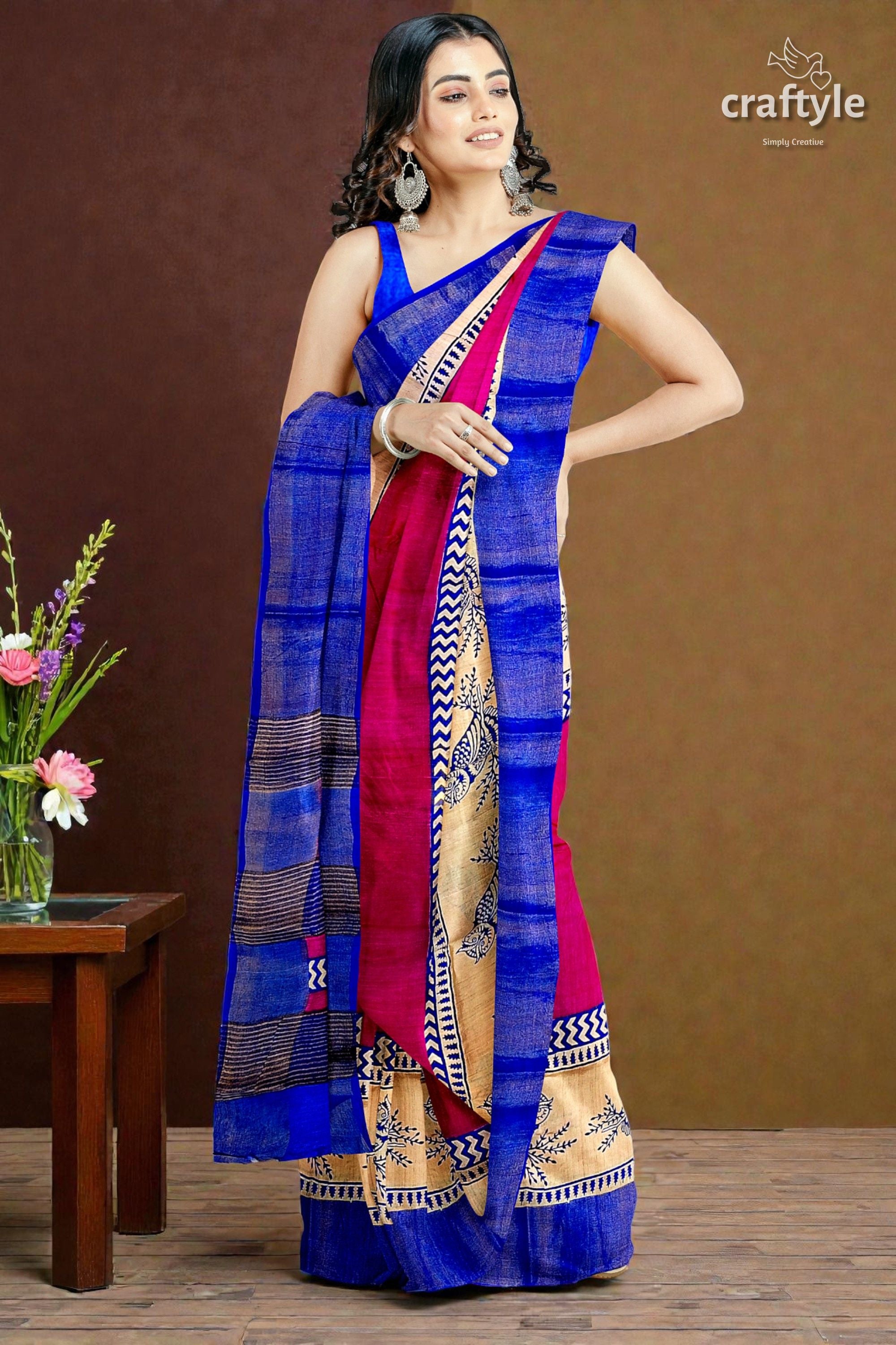 Rose Red Blue Hand Block Print Zari Pure Tussar Saree - Indian Ethnic Wear