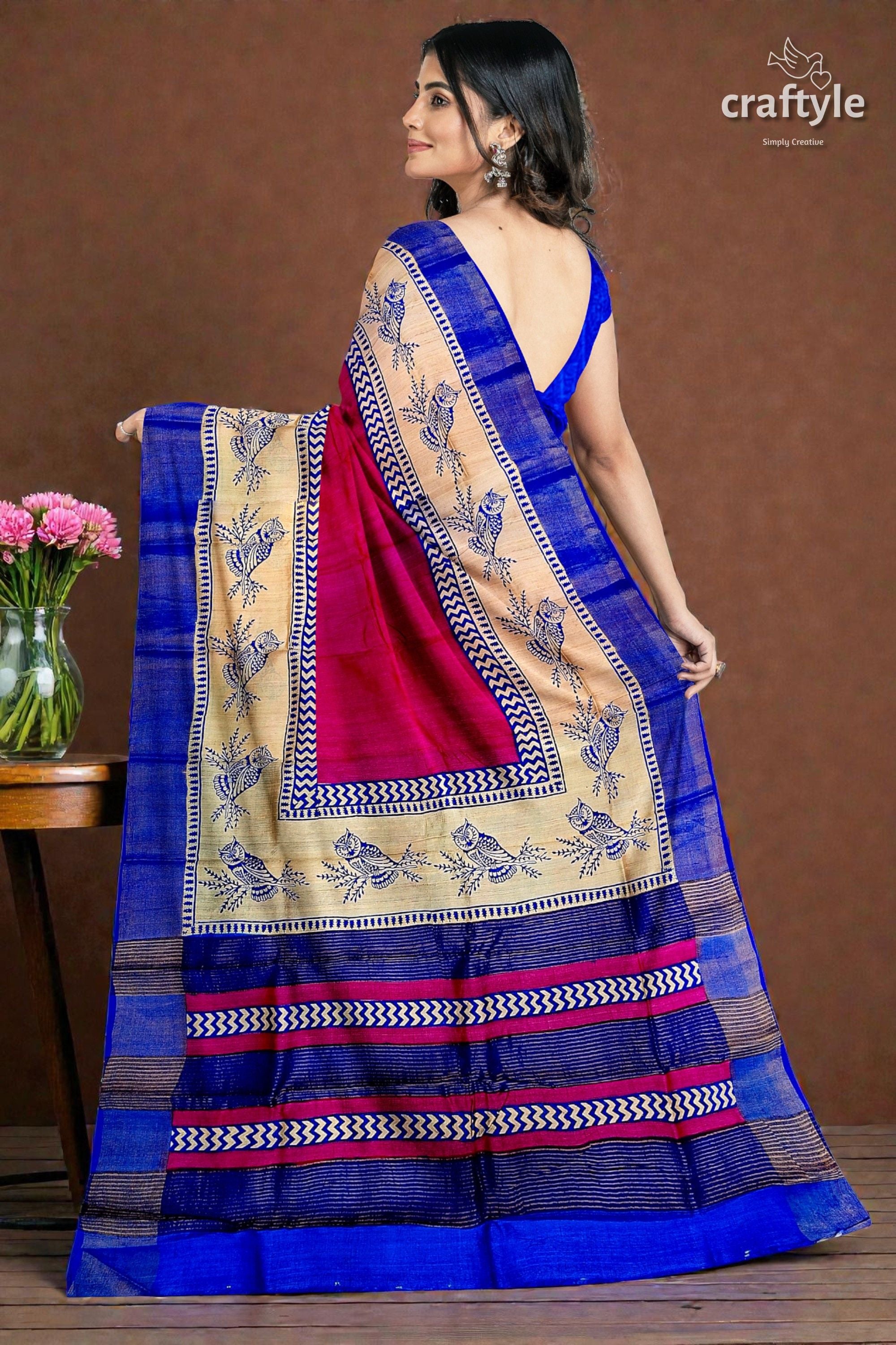 Rose Red Blue Hand Block Print Zari Pure Tussar Saree - Indian Ethnic Wear