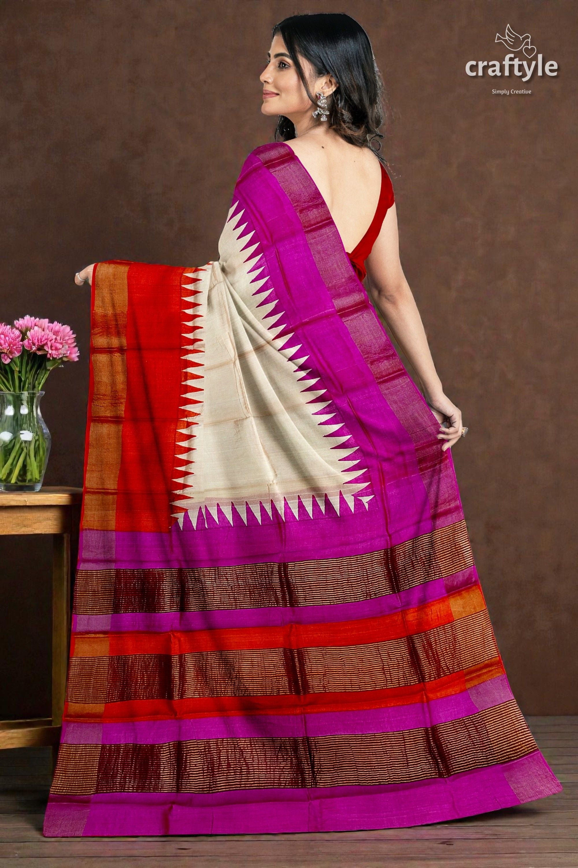 Magenta Orange Hand Block Print Tussar Saree with Zari Border - Ganga Yamuna Design