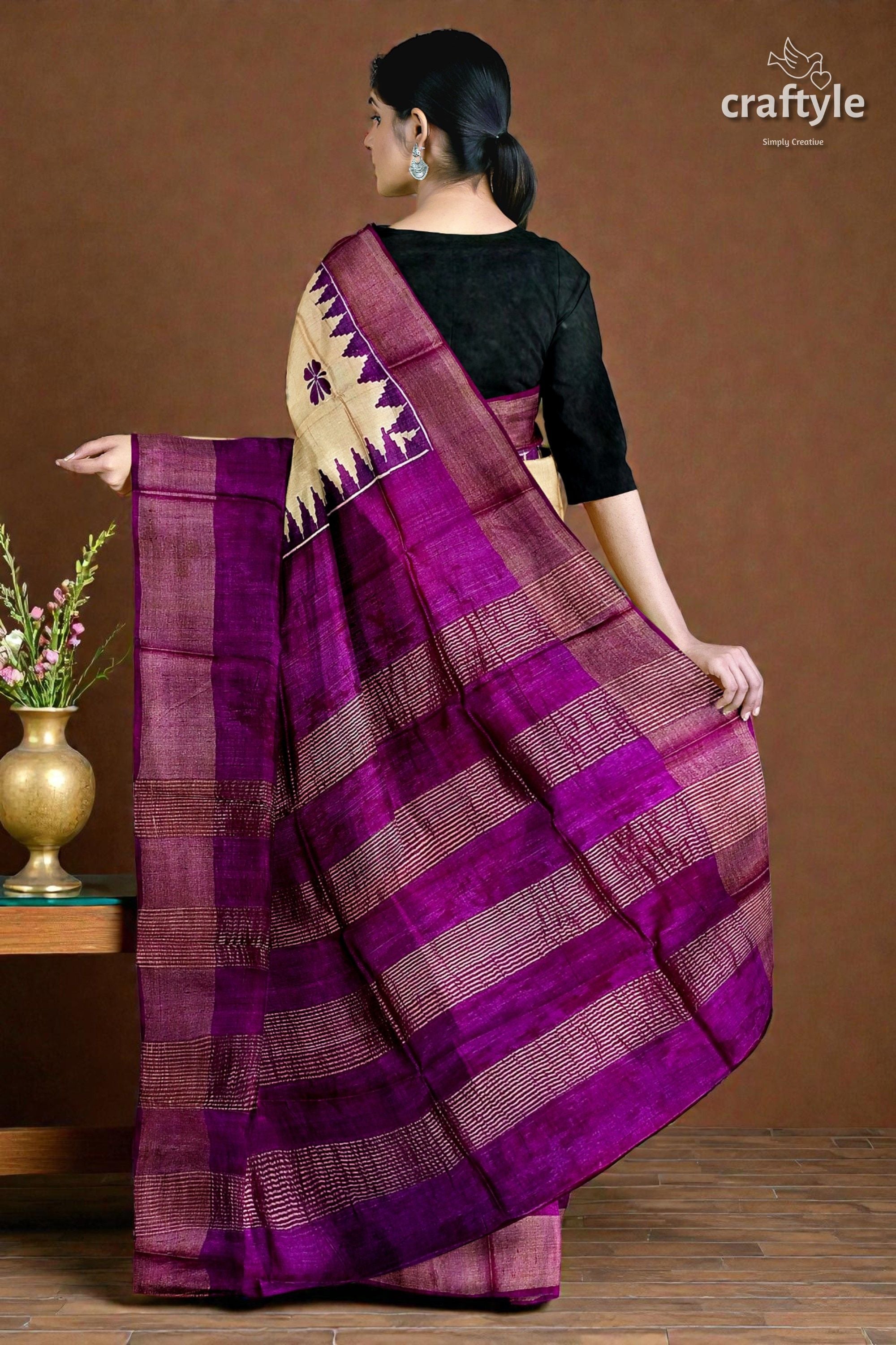 Cream and Eminence Purple Pure Zari Tussar Saree - Block Print Design