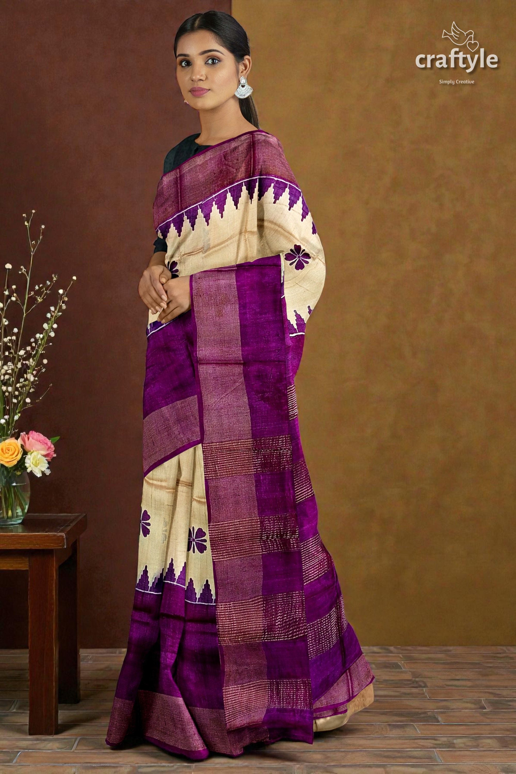 Cream and Eminence Purple Pure Zari Tussar Saree - Block Print Design