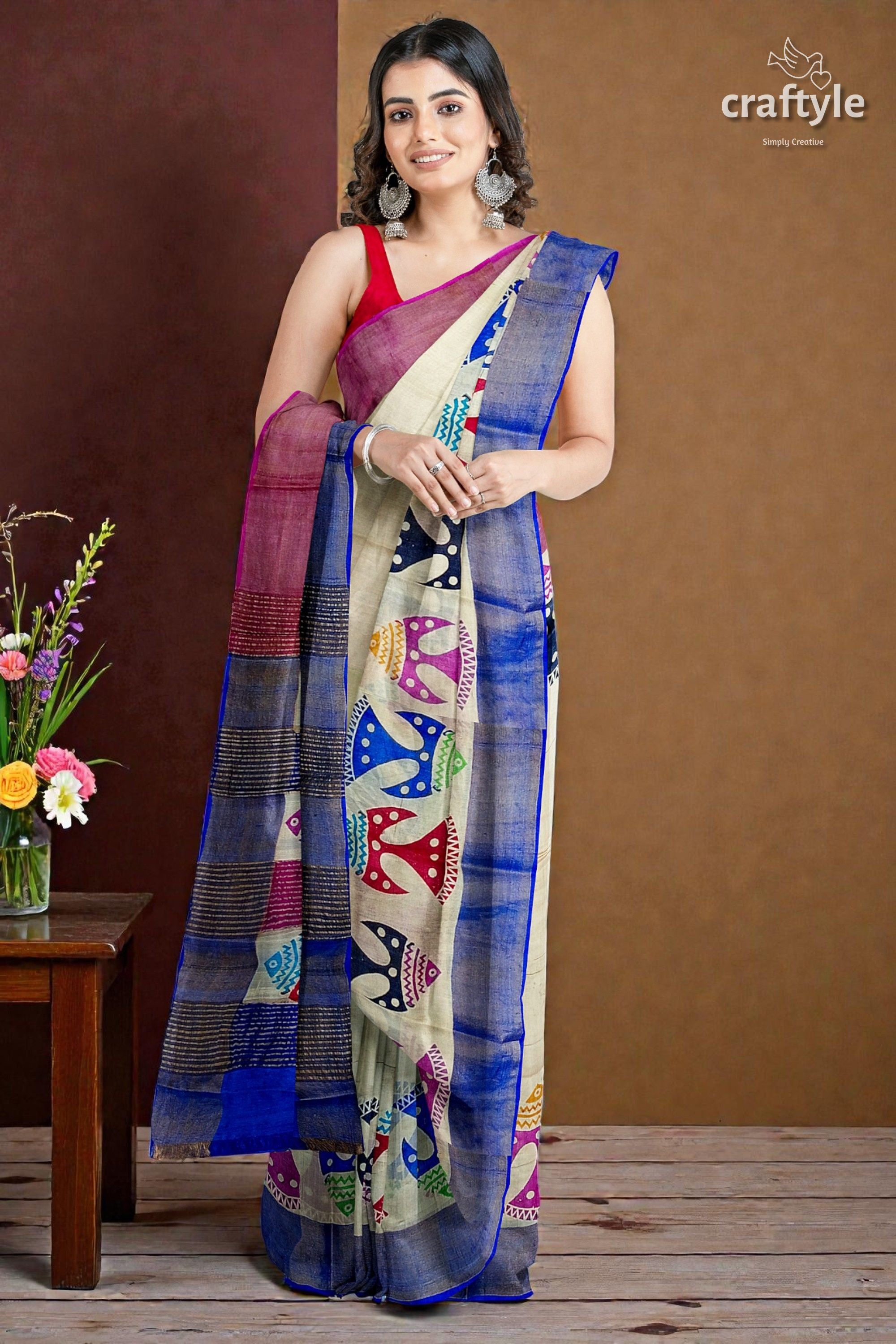 Multicolor Fish Motif Hand Block Print Zari Border Pure Tussar Silk Saree