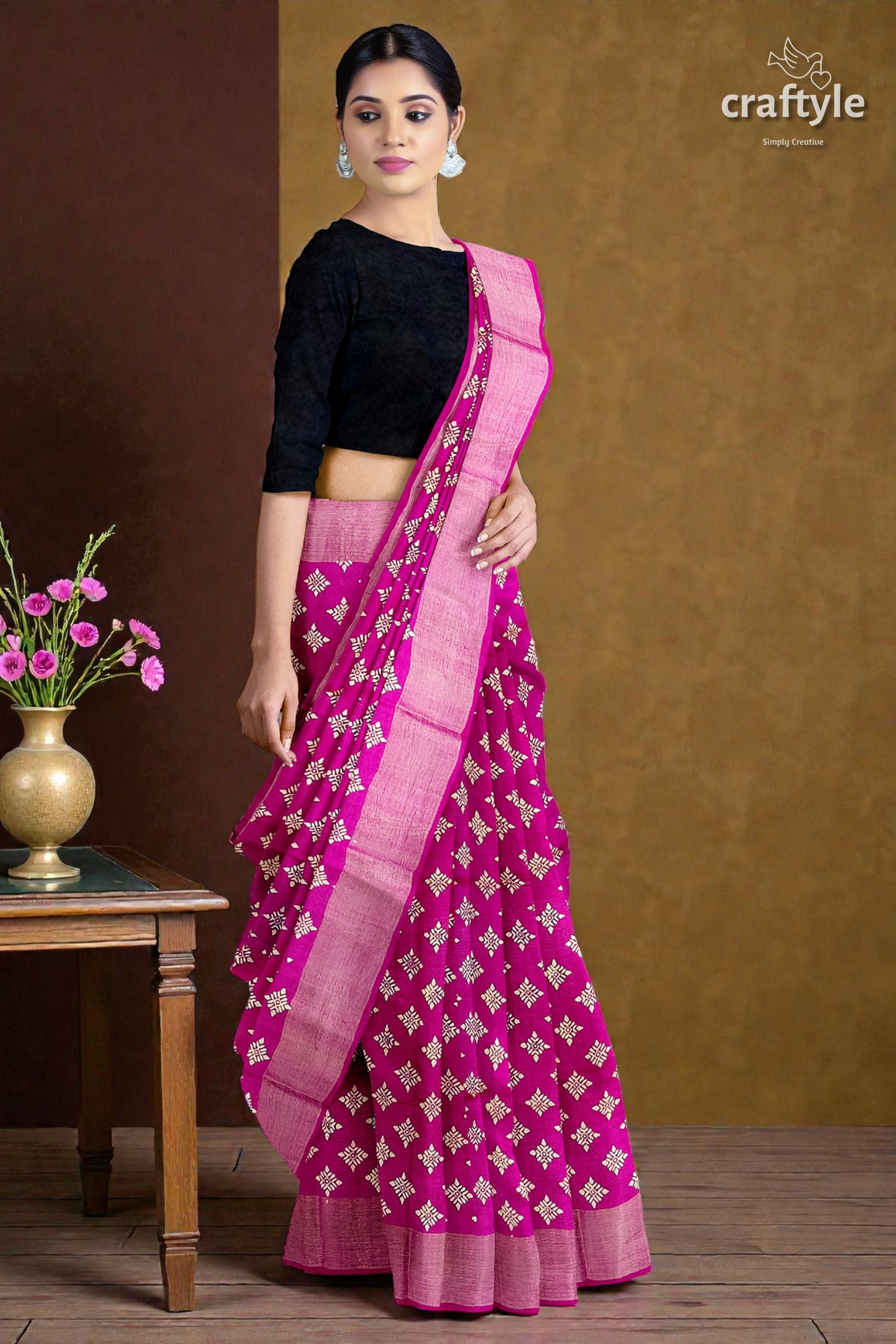 Magenta White Hand Block Print Zari Border Pure Tussar Silk Saree