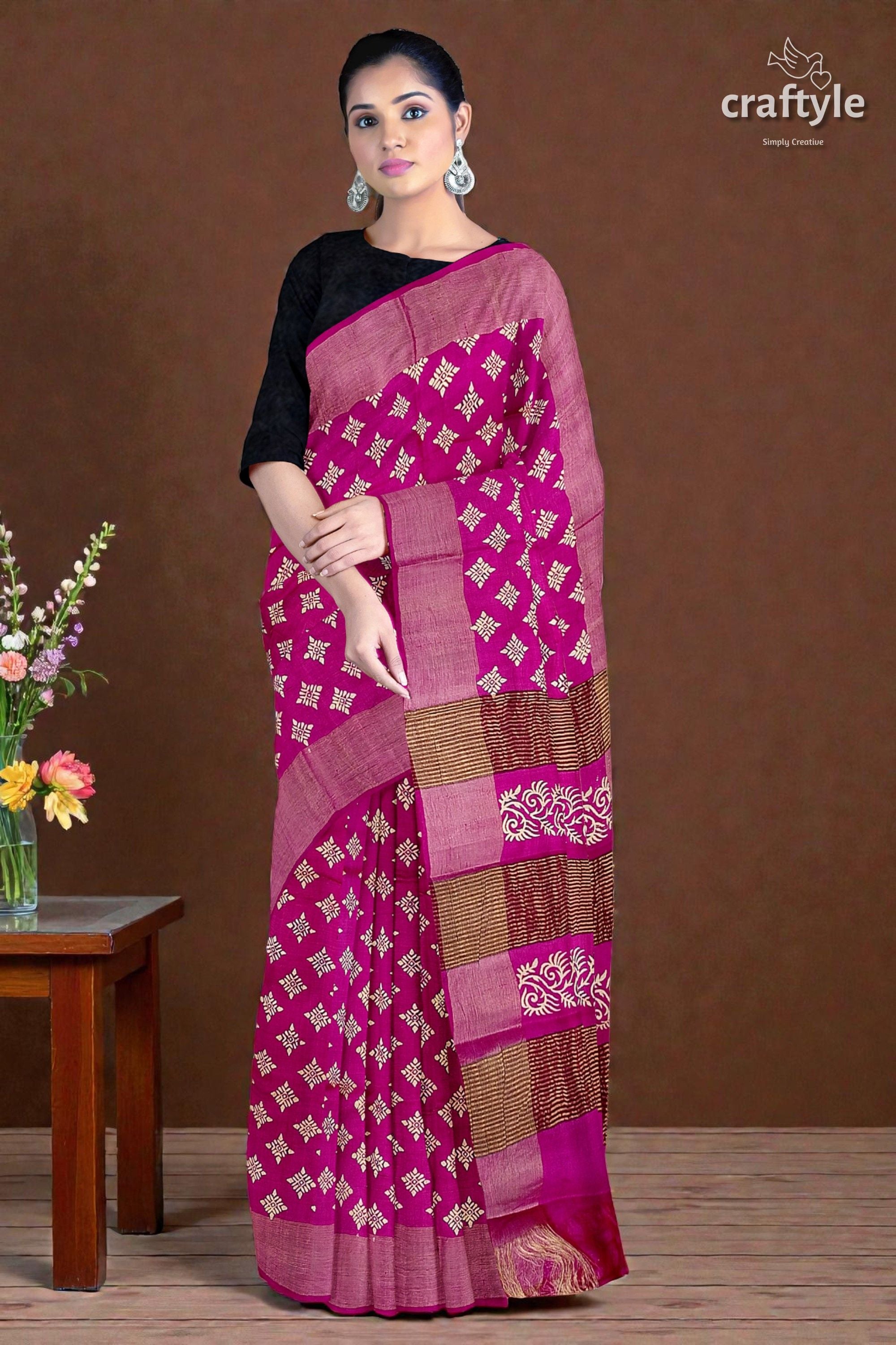 Magenta White Hand Block Print Zari Border Pure Tussar Silk Saree