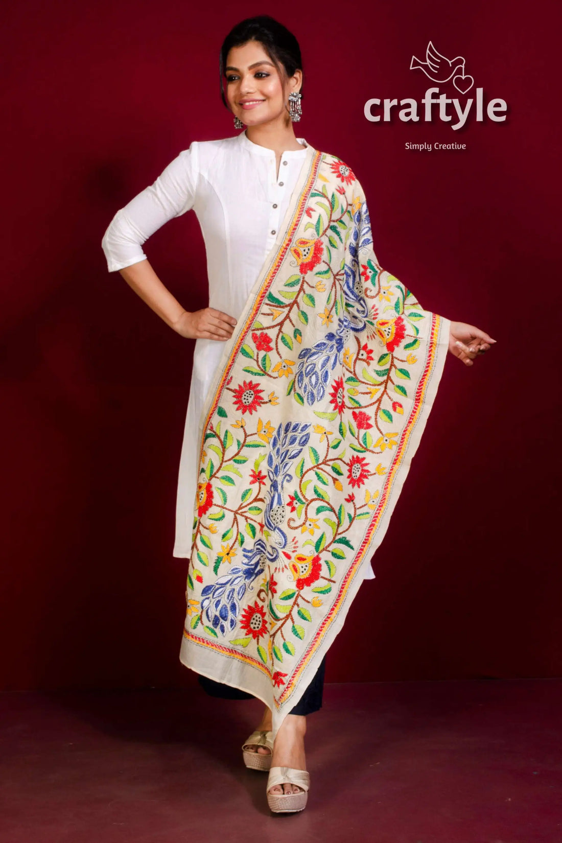 Tussar Silk Embroidered Kantha Stole - Craftyle