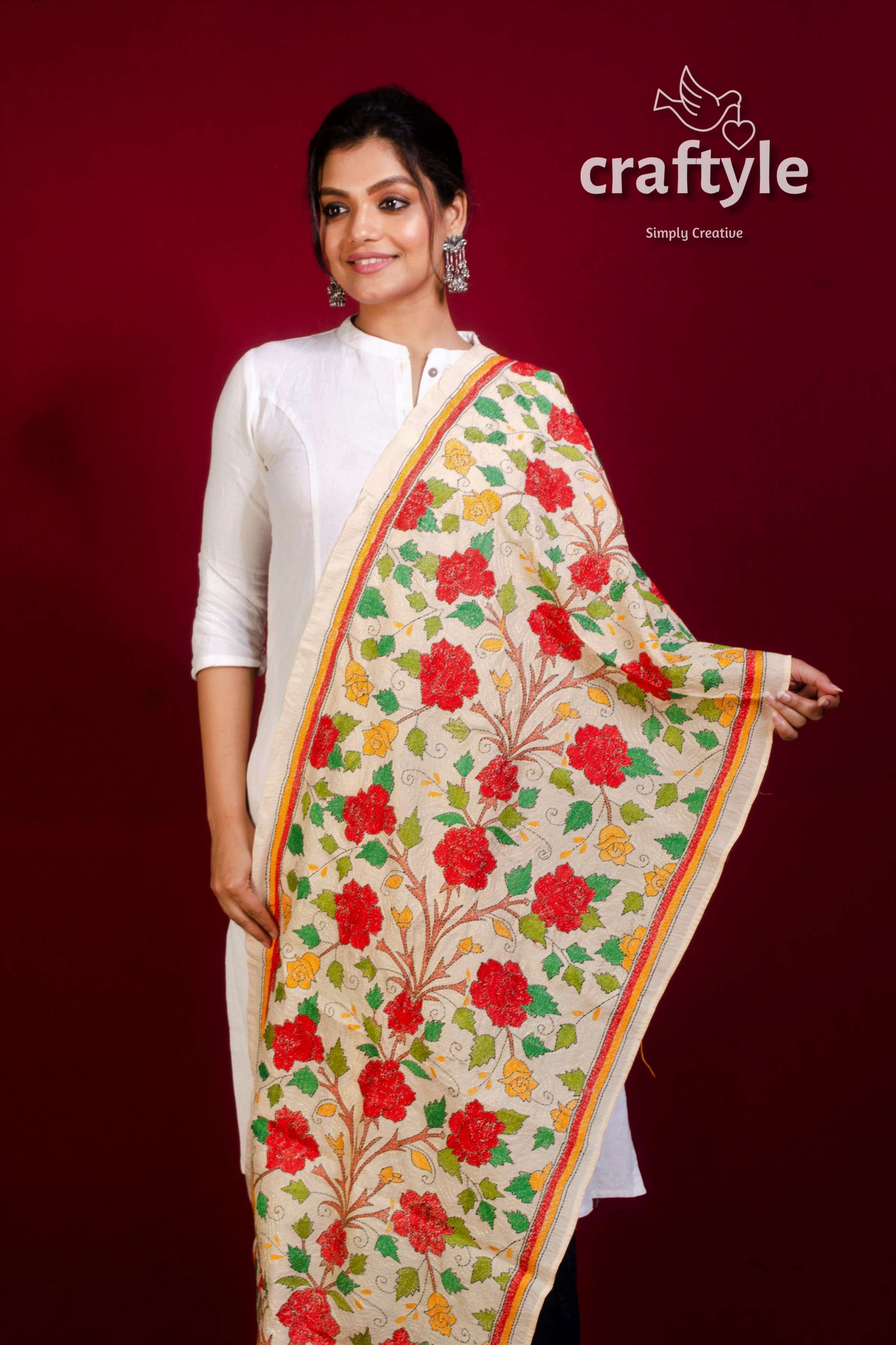 Tussar Silk Embroidered Kantha Stole - Craftyle