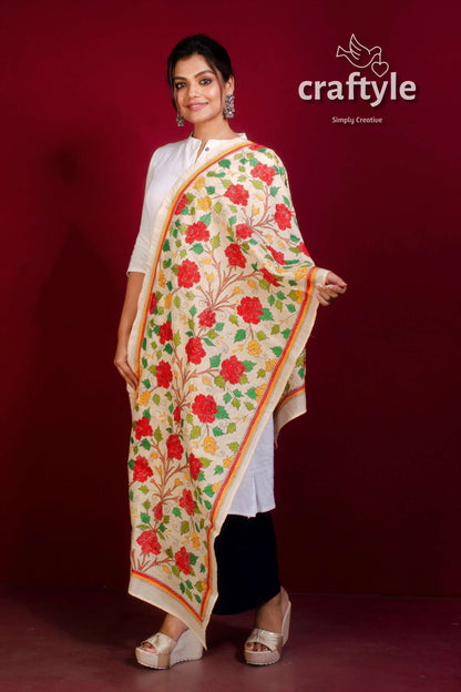 Tussar Silk Embroidered Kantha Stole - Craftyle