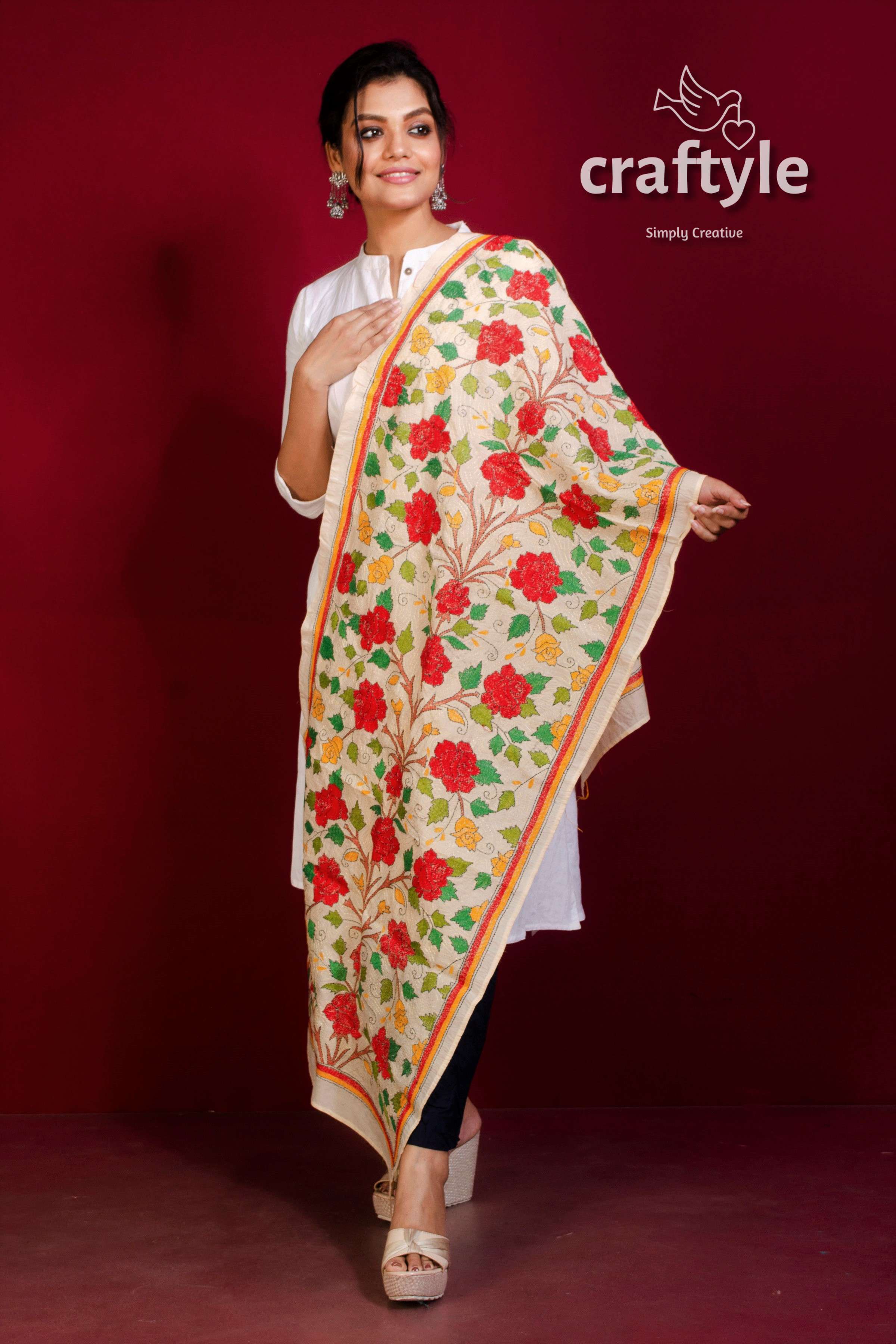 Tussar Silk Embroidered Kantha Stole - Craftyle