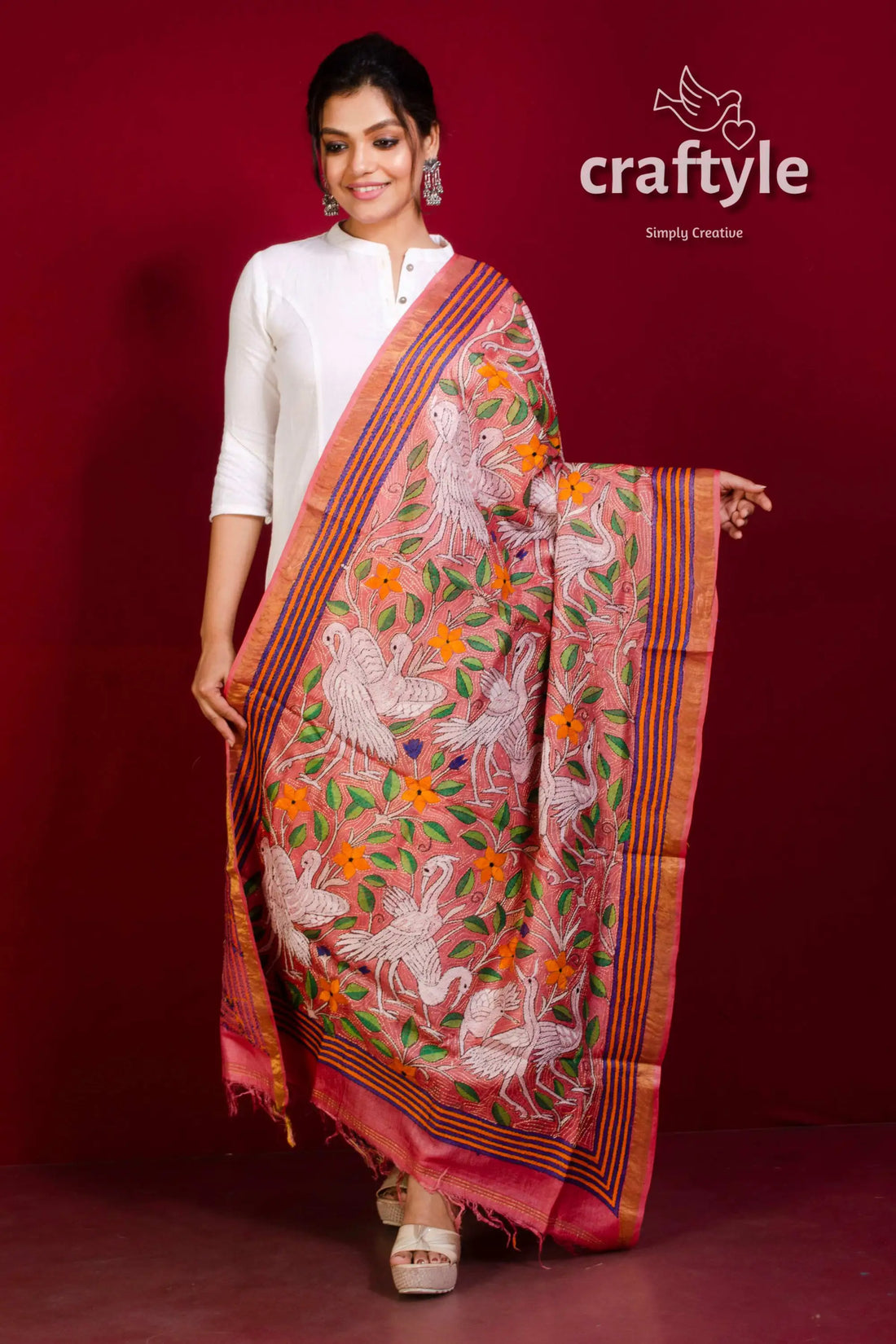 Tussar Silk Kantha Stitch Dupatta - Craftyle