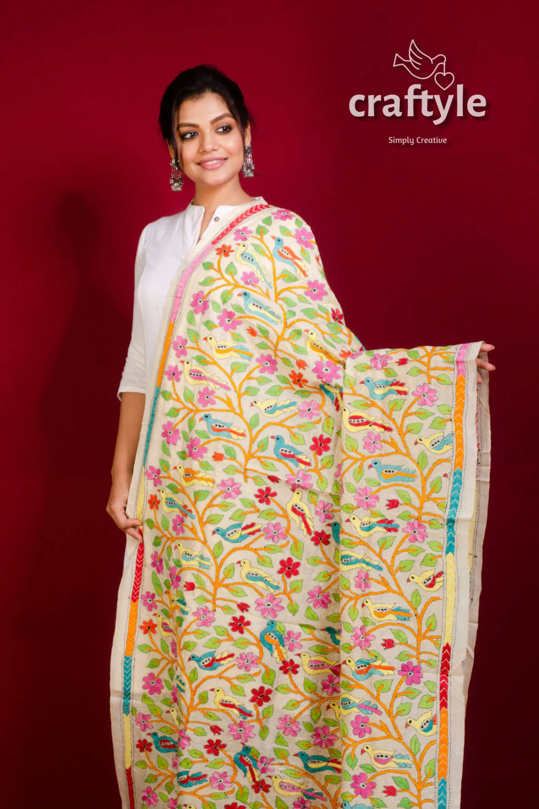Tussar Silk Kantha Stitch Dupatta - Craftyle