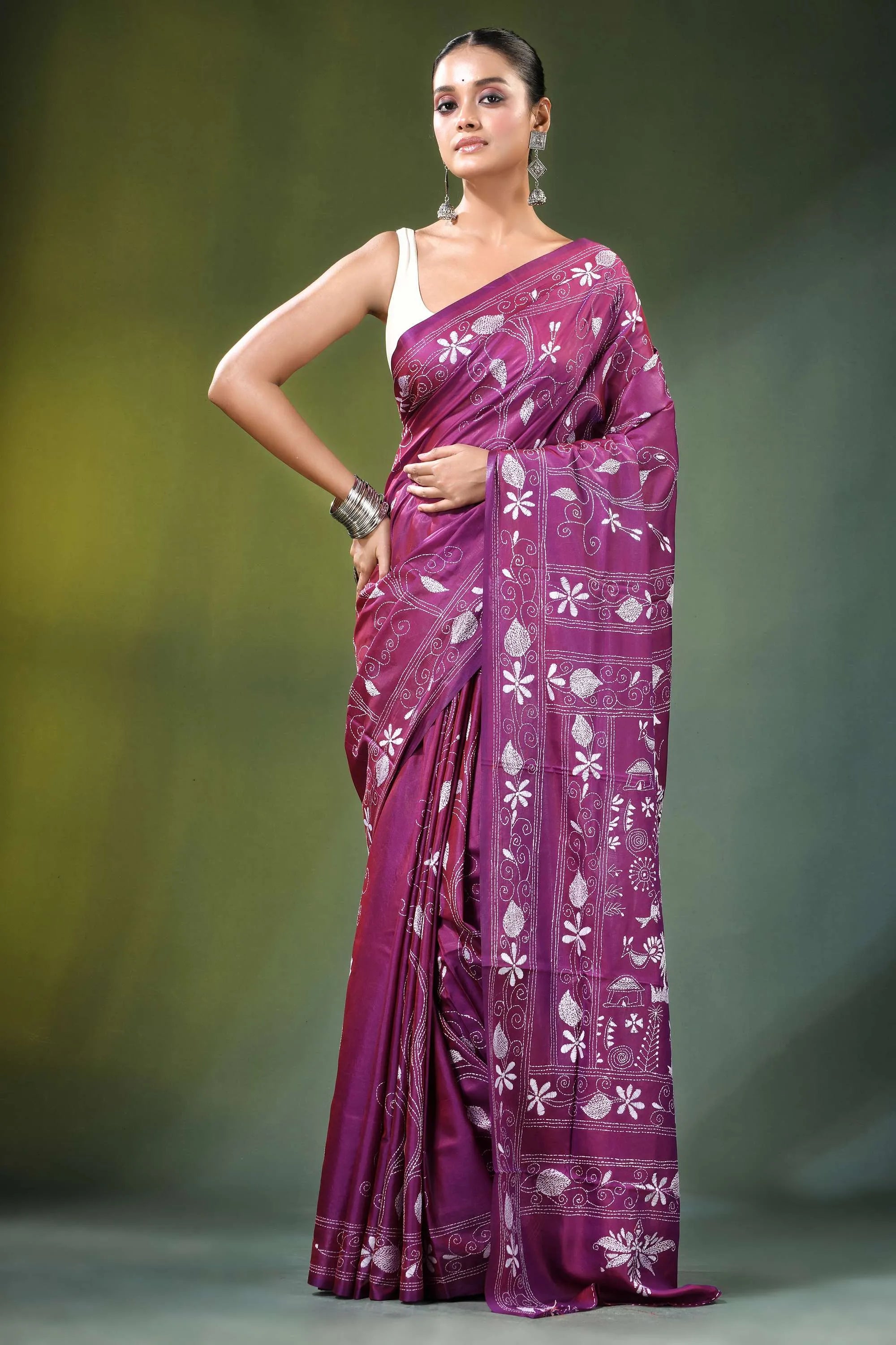Twilight lavender village theme handmade silk kantha saree rich purple intricate white 6