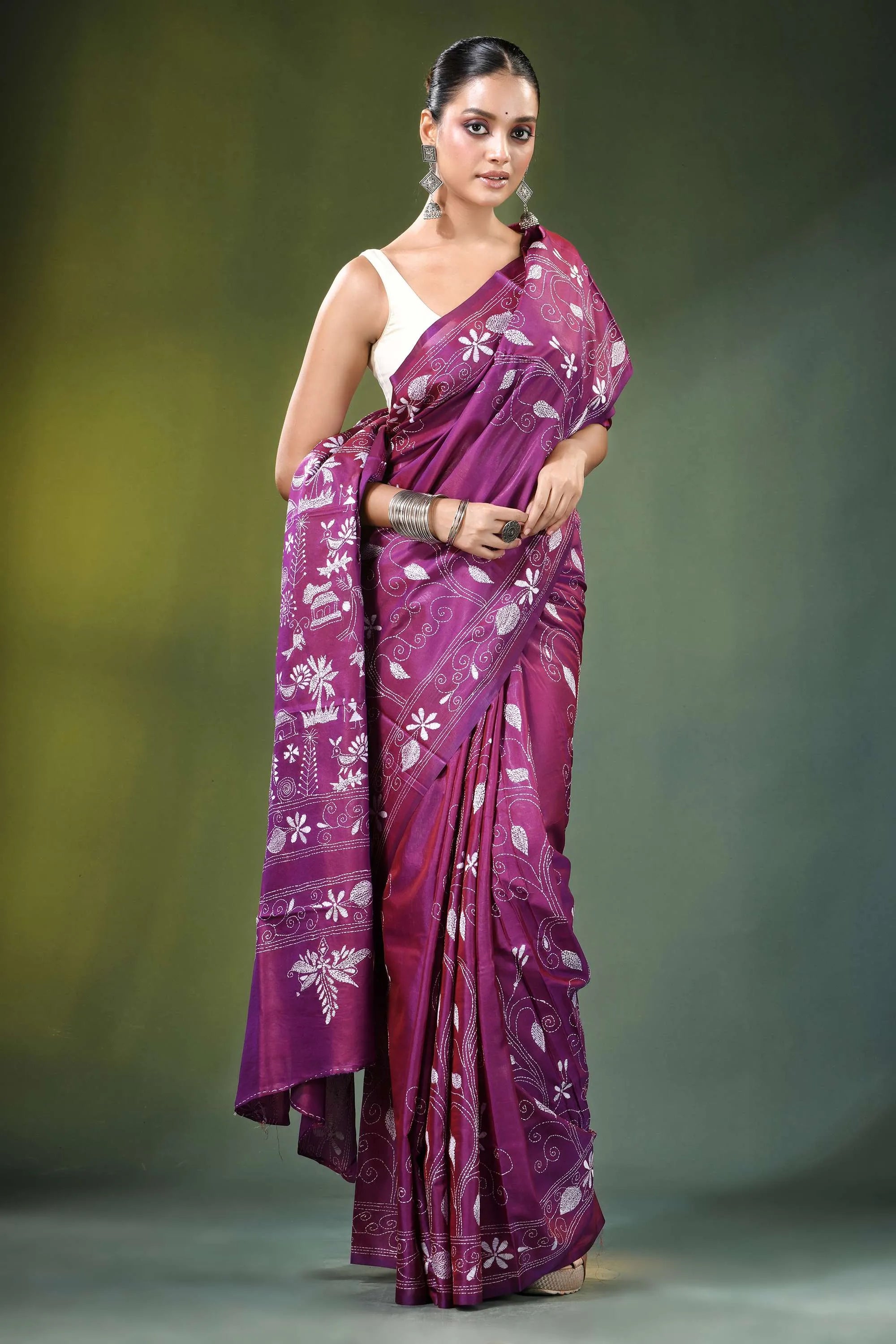 Twilight lavender village theme handmade silk kantha saree woman wears vibrant purple 4