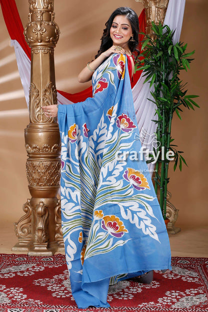 Unique Floral Design Batik Cotton Saree-Craftyle