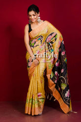 Unique hand painted sandy yellow pure tussar kalamkari saree with zari border floral-patterned yellow saree 1