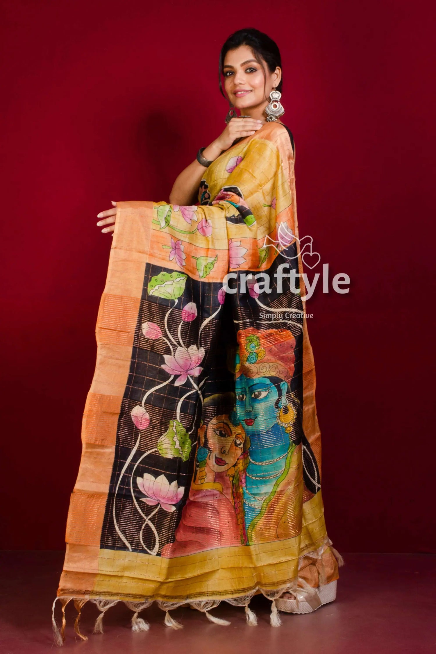 Unique hand painted sandy yellow pure tussar kalamkari saree with zari border woman hand-painted saree 3