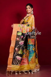 Unique hand painted sandy yellow pure tussar kalamkari saree with zari border woman hand-painted saree 3