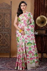 Unique lotus motif hand painted pure tussar kalamkari saree woman floral-patterned saree 1