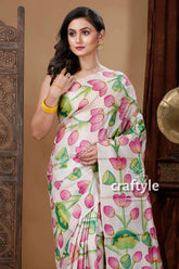 Unique lotus motif hand painted pure tussar kalamkari saree woman floral saree 2