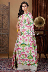 Unique lotus motif hand painted pure tussar kalamkari saree woman white saree pink lotus 3