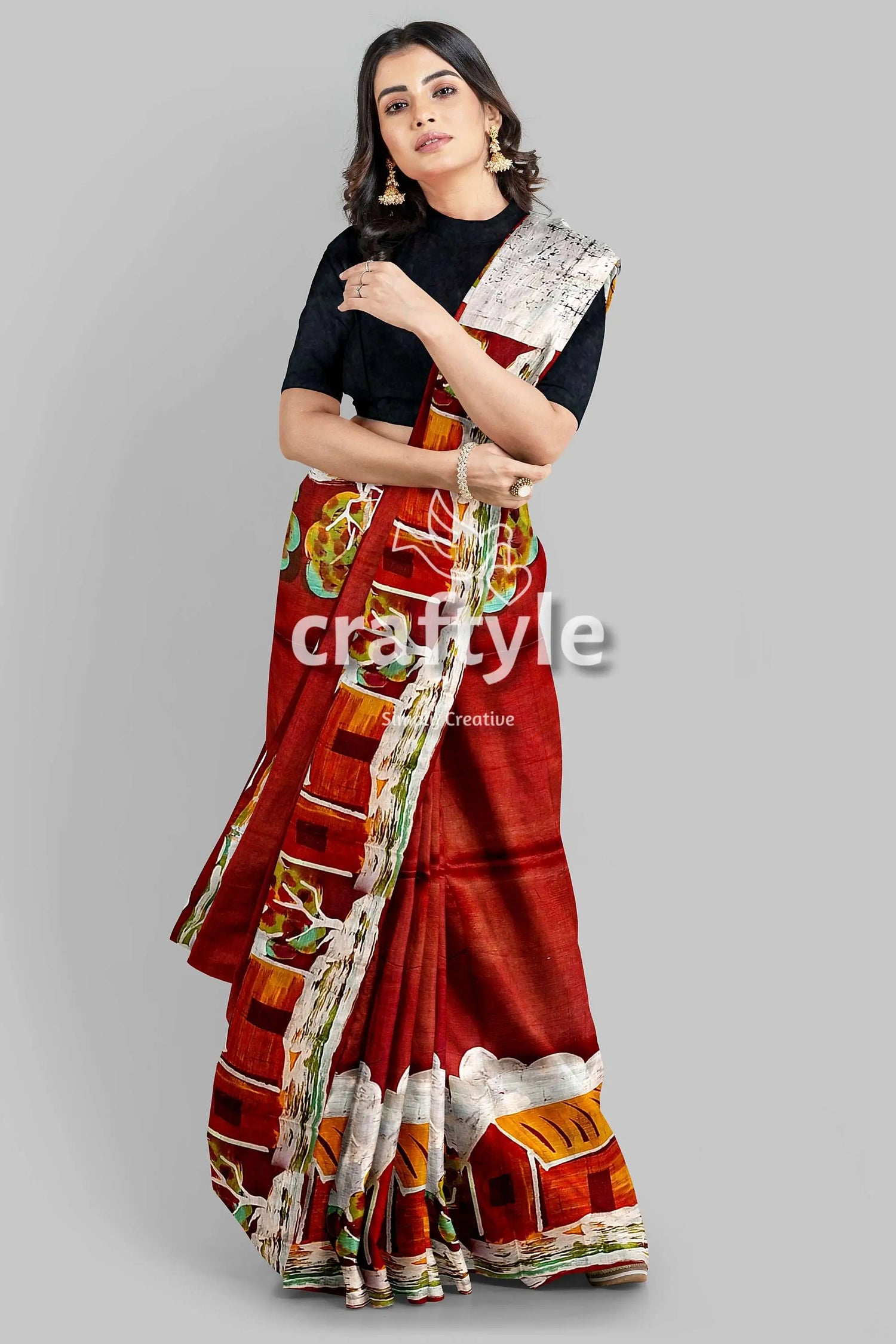Unique village theme handpainted batik pure mulberry silk saree woman red white patterned saree 2