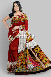 Unique village theme handpainted batik pure mulberry silk saree maroon saree batik print 4