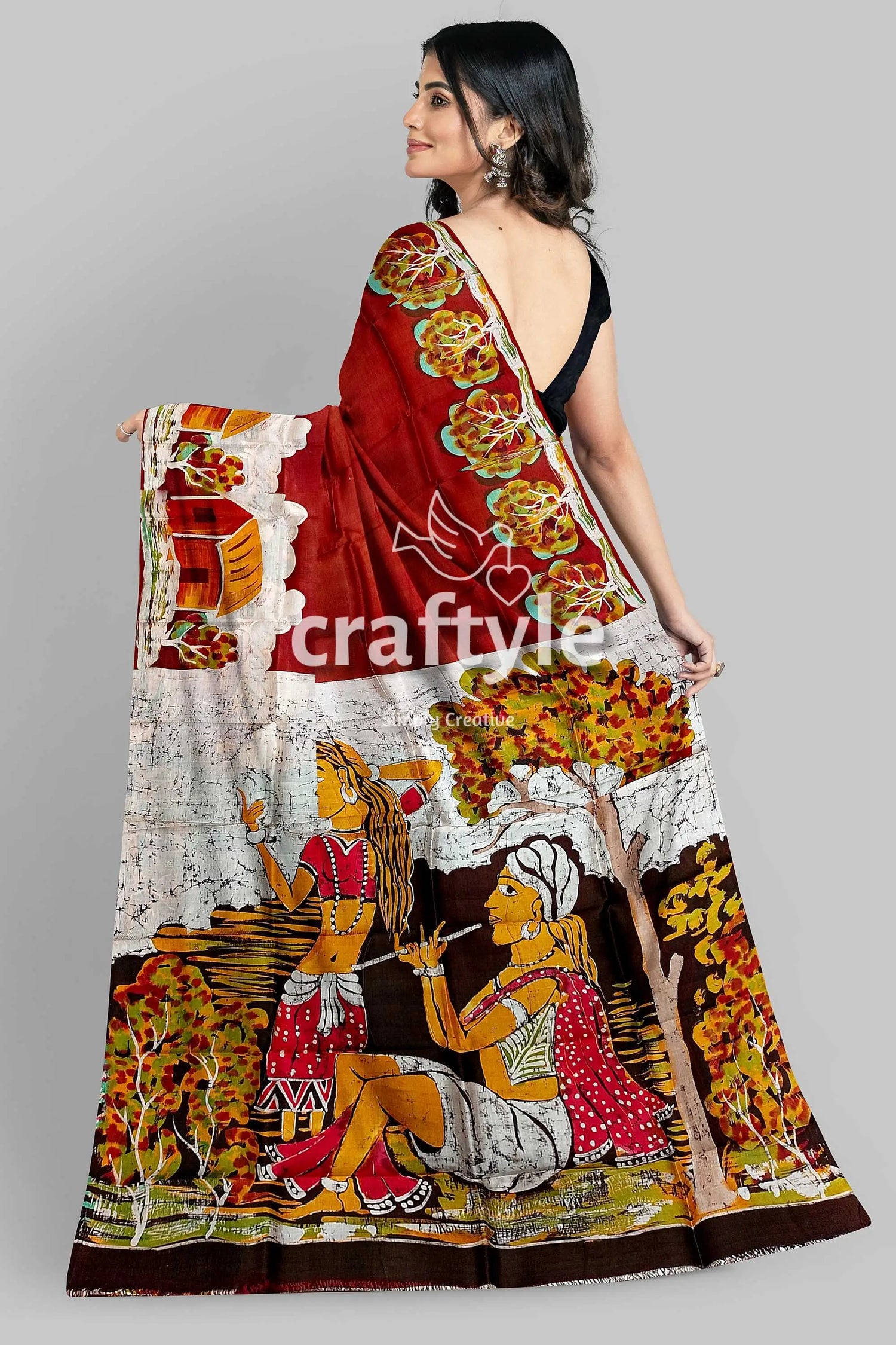 Unique village theme handpainted batik pure mulberry silk saree woman batik-printed saree 5